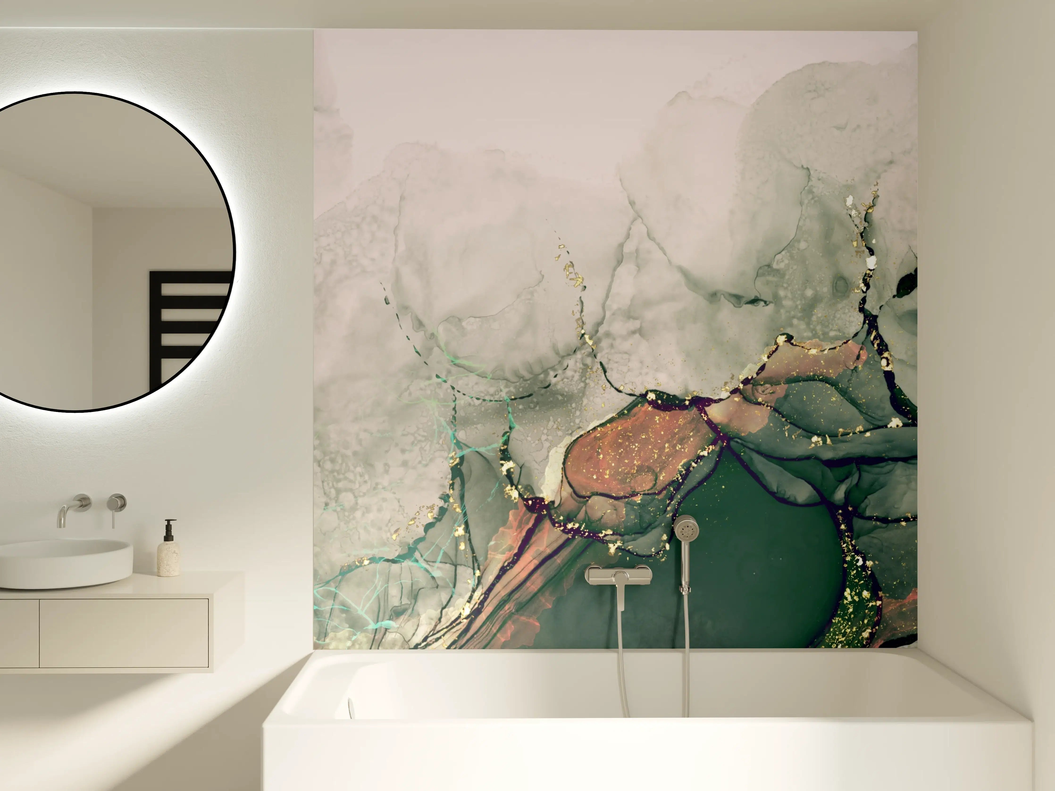 Badewannen-Rückwand - Aquarellkunst in sanften Grün- und Beigetönen