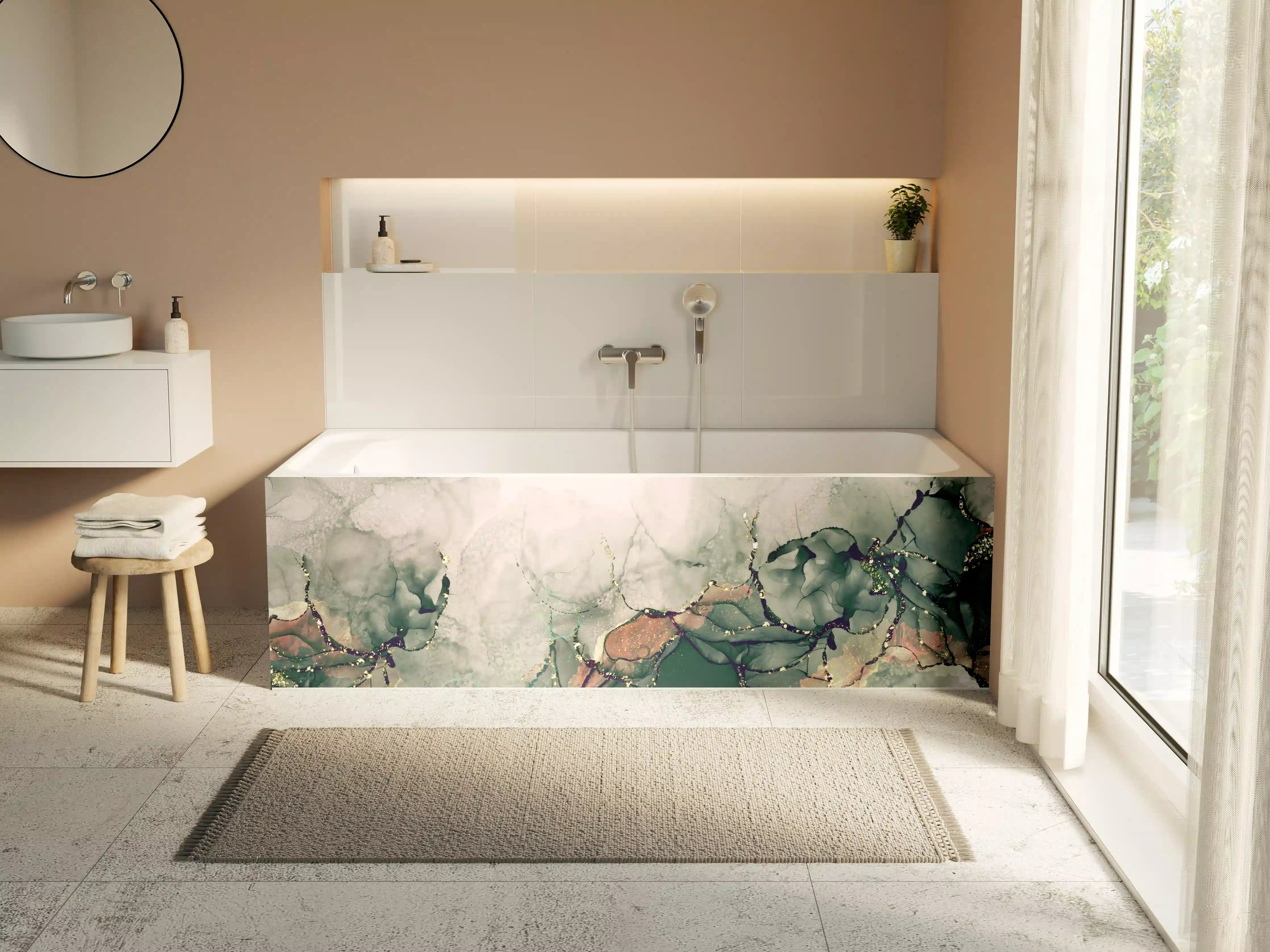Badewannen-Rückwand - Aquarellkunst in sanften Grün- und Beigetönen