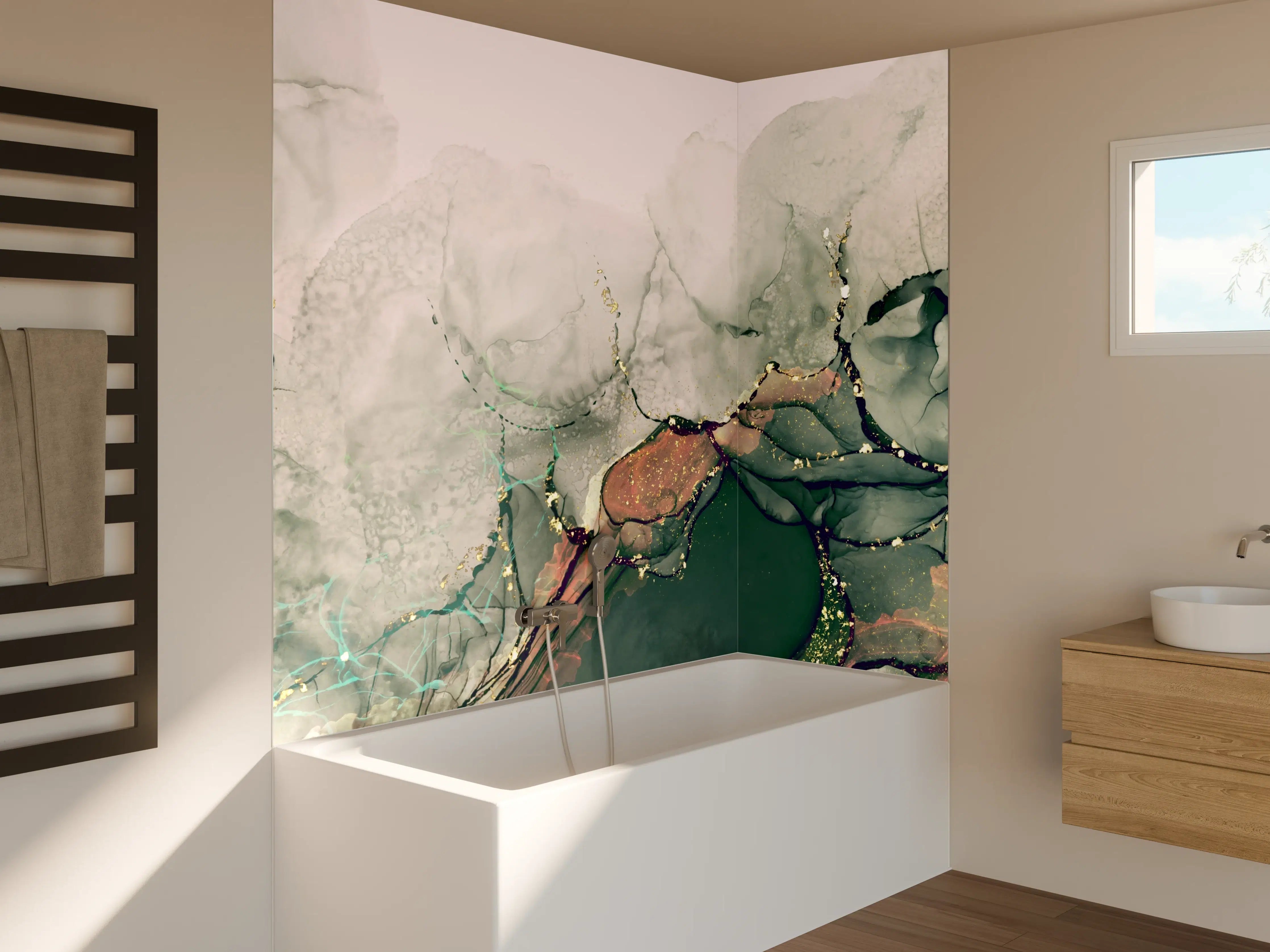 Badewannen-Rückwand - Aquarellkunst in sanften Grün- und Beigetönen