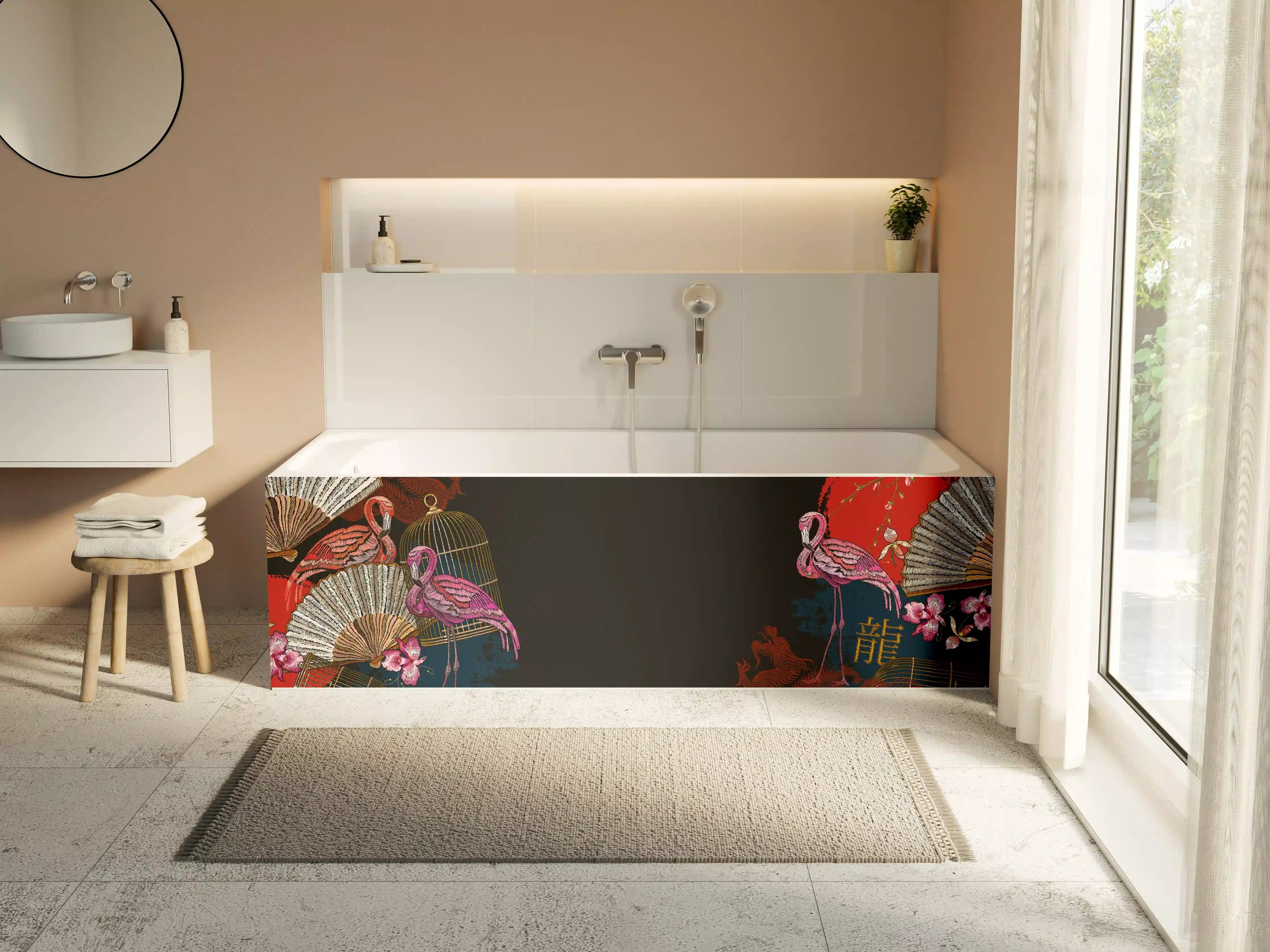 Badewannen-Rückwand - Asiatischer Flamingo Drachenfächer
