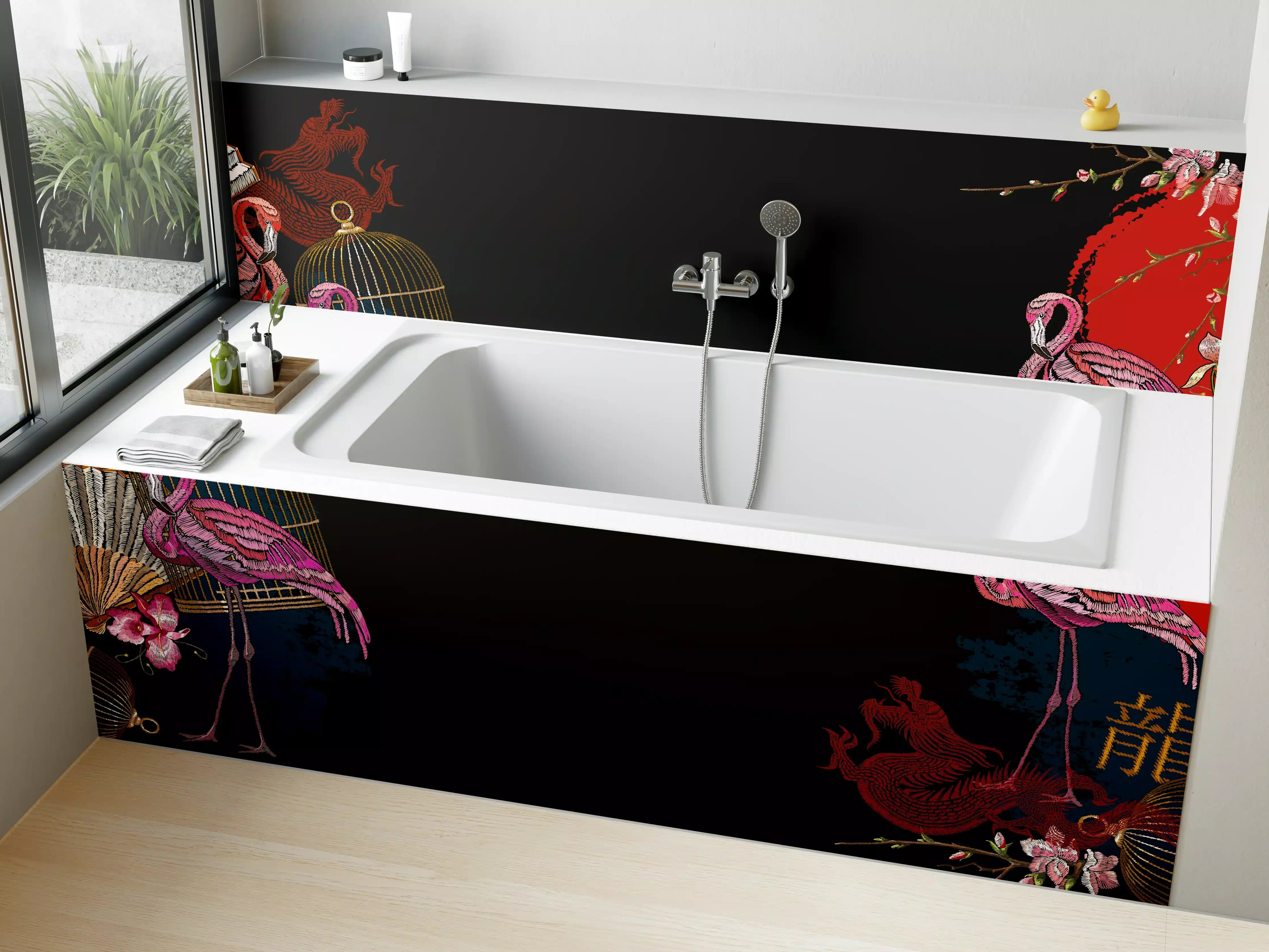 Badewannen-Rückwand - Asiatischer Flamingo Drachenfächer