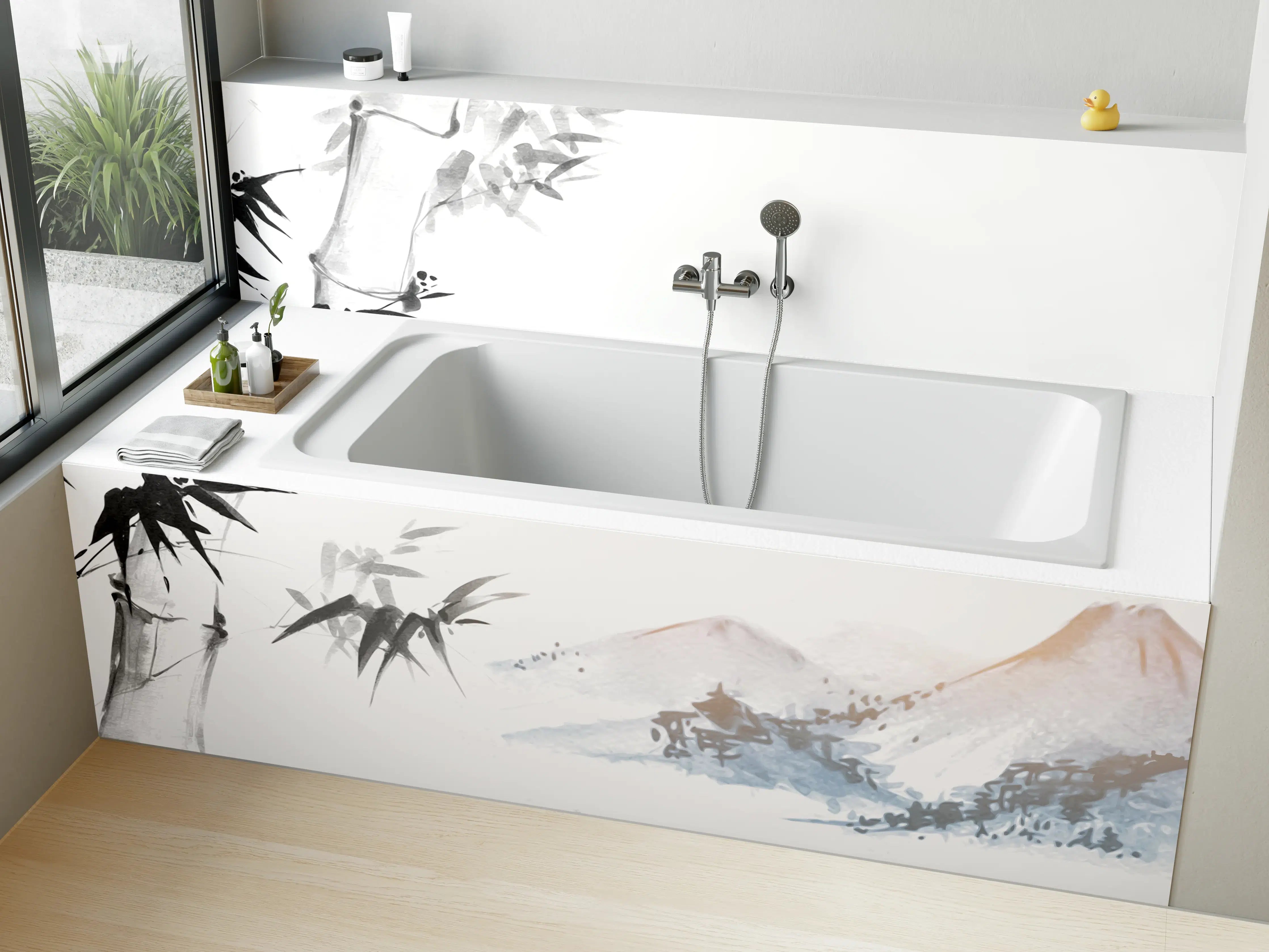 Badewannen-Rückwand - Bambus Malerei Berglandschaft
