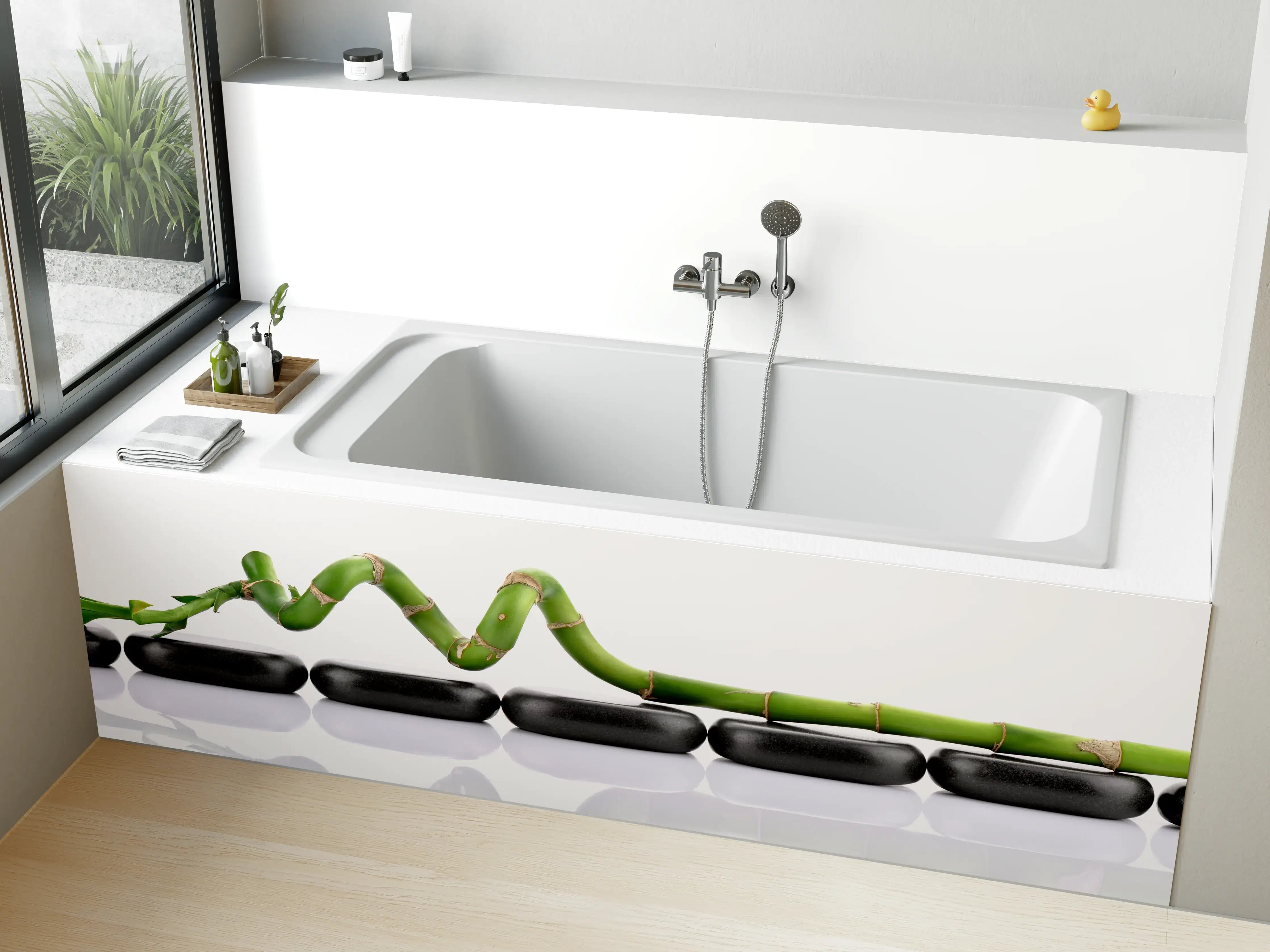 Badewannen-Rückwand - Bambus auf Basaltsteinen