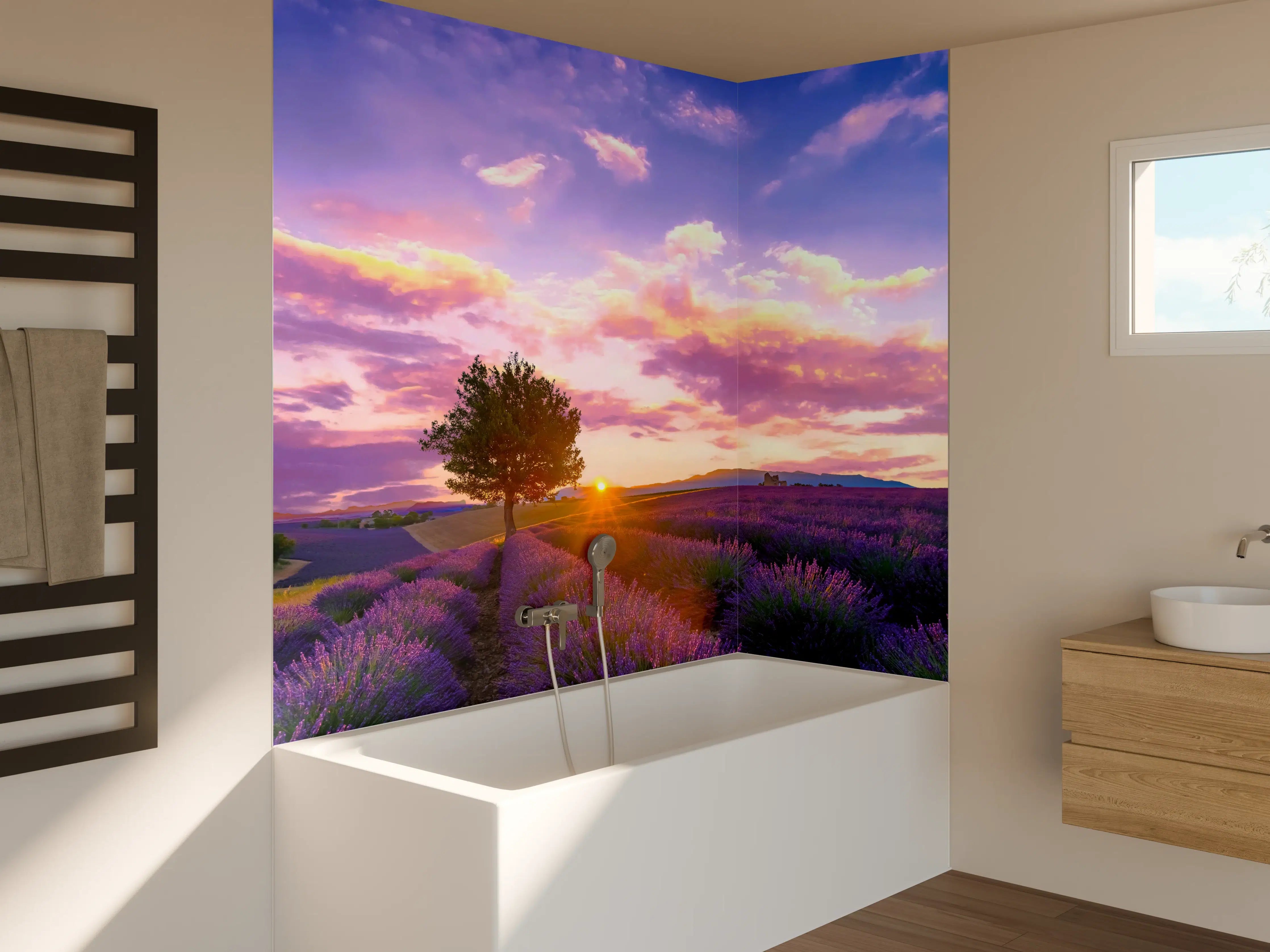 Badewannen-Rückwand - Baum im Lavendelfeld bei Sonnenuntergang in der Provence