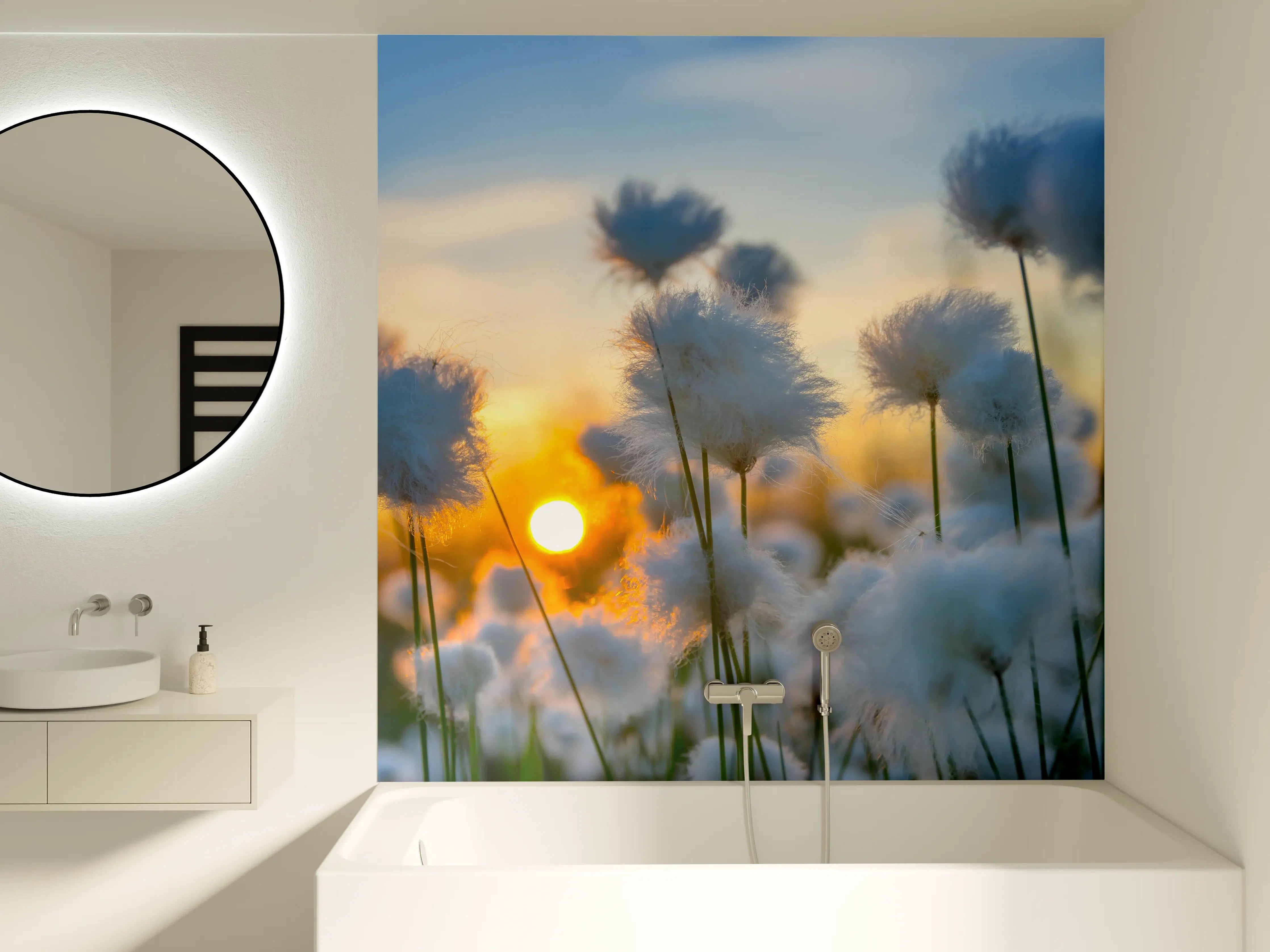 Badewannen-Rückwand - Baumwollgras bei Sonnenuntergang