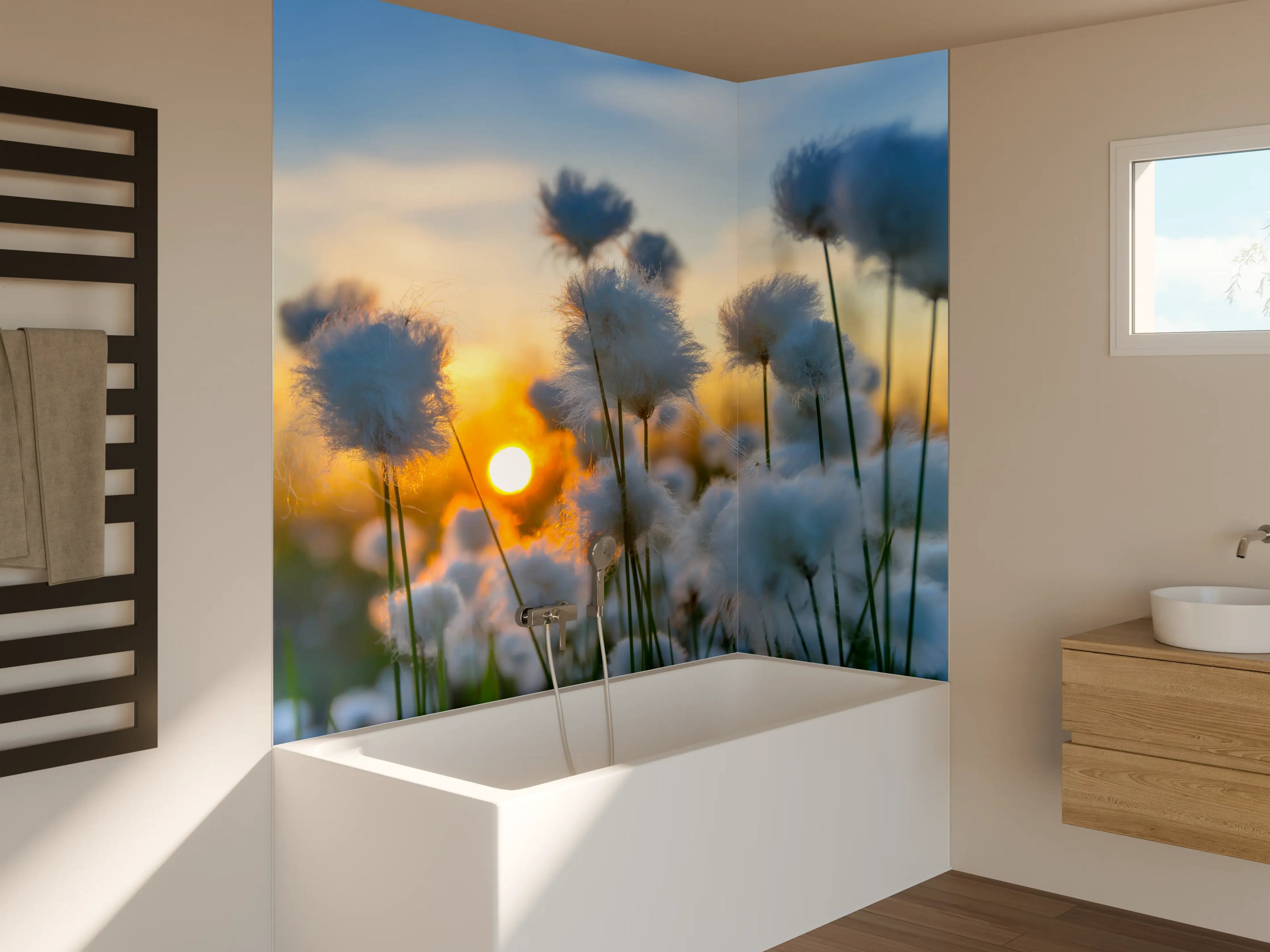 Badewannen-Rückwand - Baumwollgras bei Sonnenuntergang