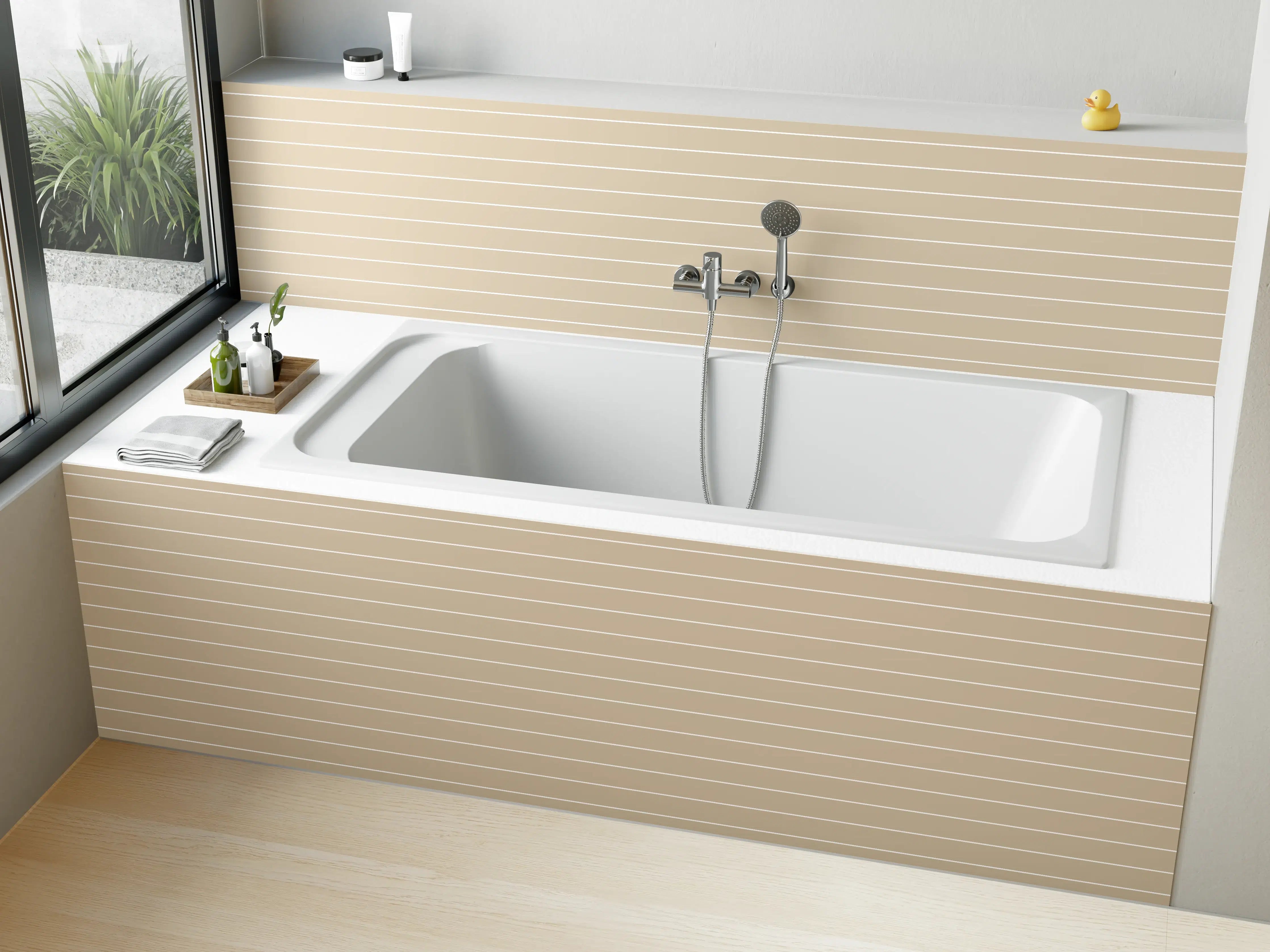 Badewannen-Rückwand - Beige- und Grau-gestreifte Wand mit Textur
