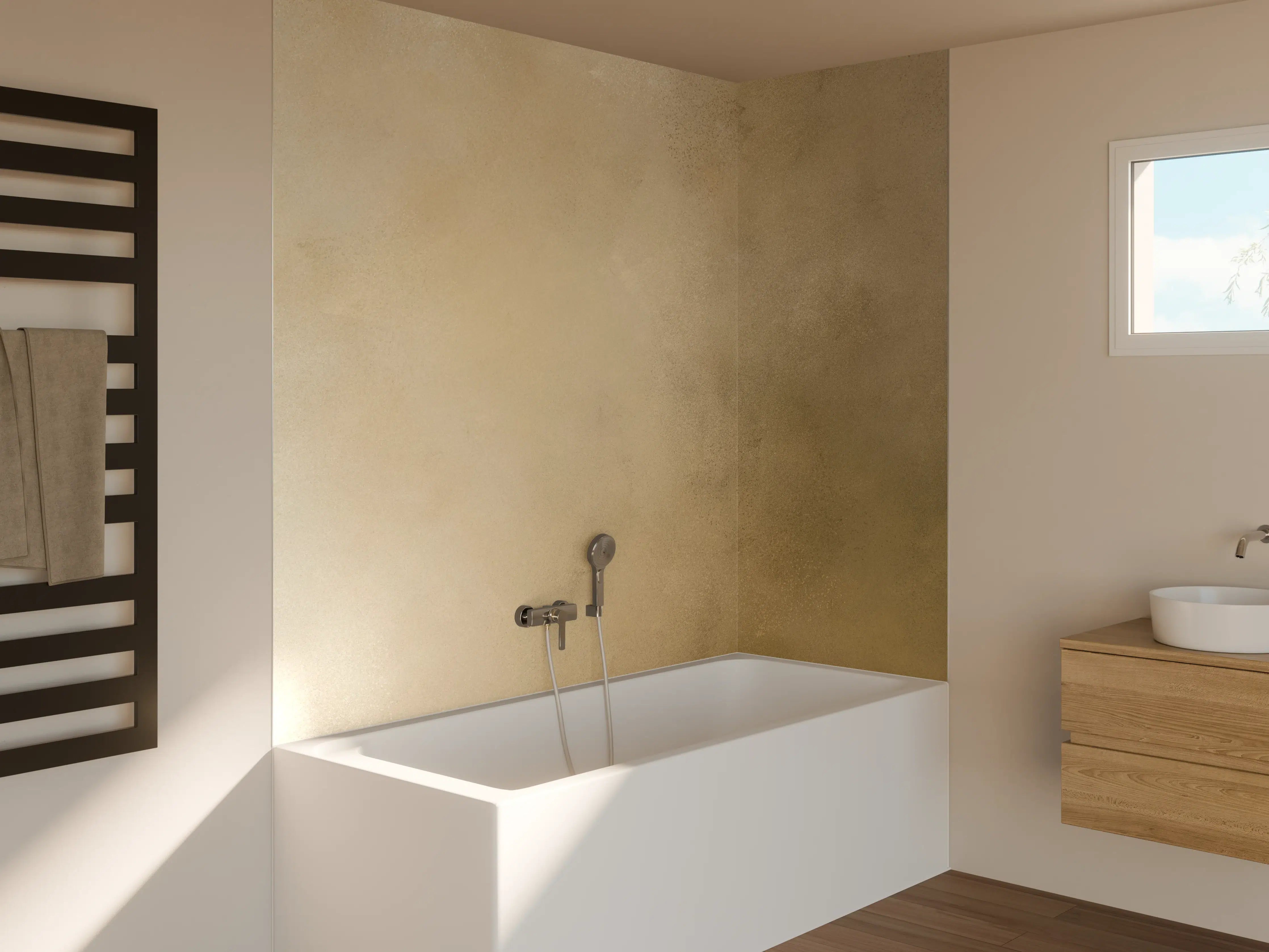 Badewannen-Rückwand - Beige- und Grautöne mit dunklen Akzenten