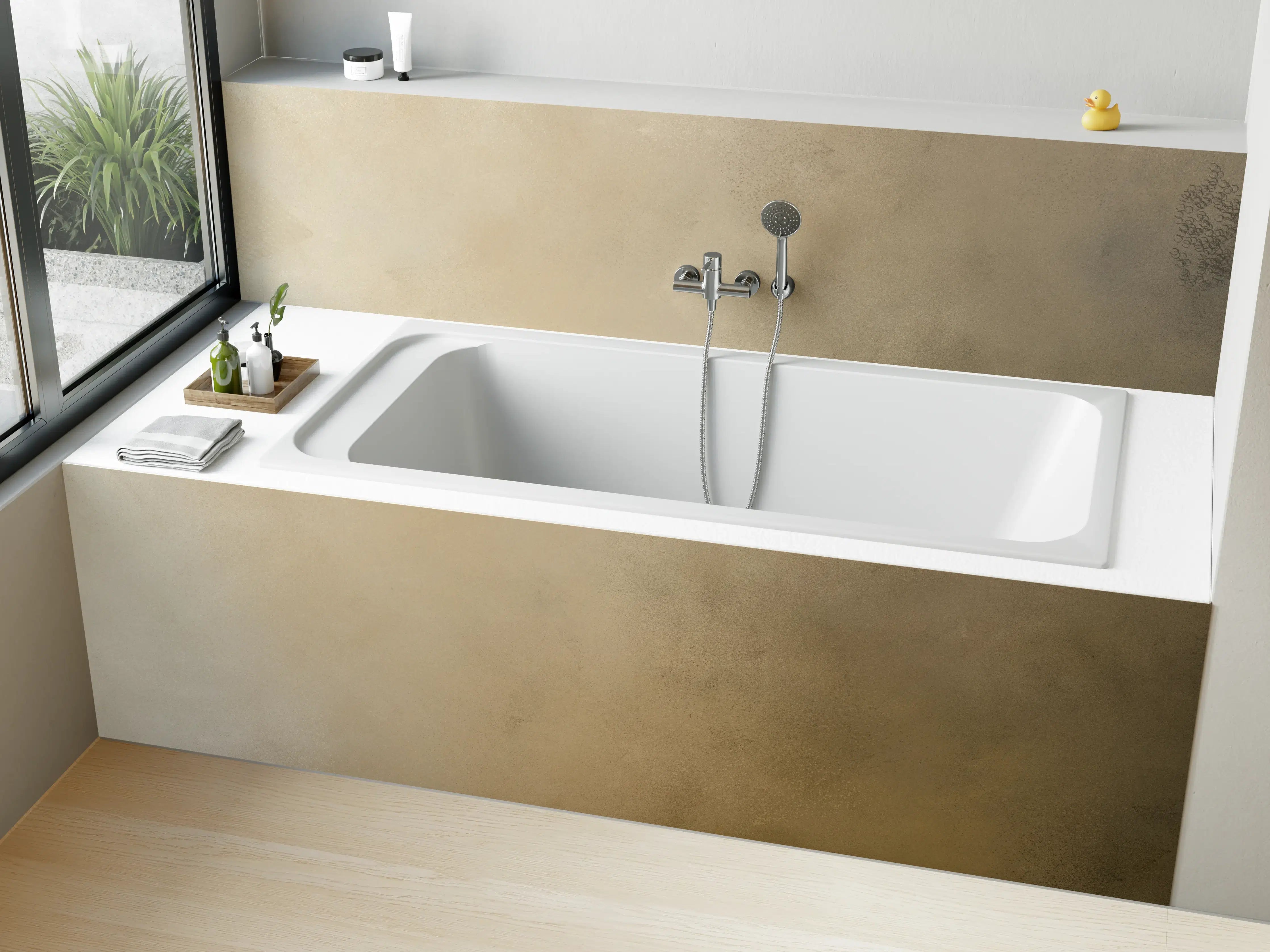 Badewannen-Rückwand - Beige- und Grautöne mit dunklen Akzenten