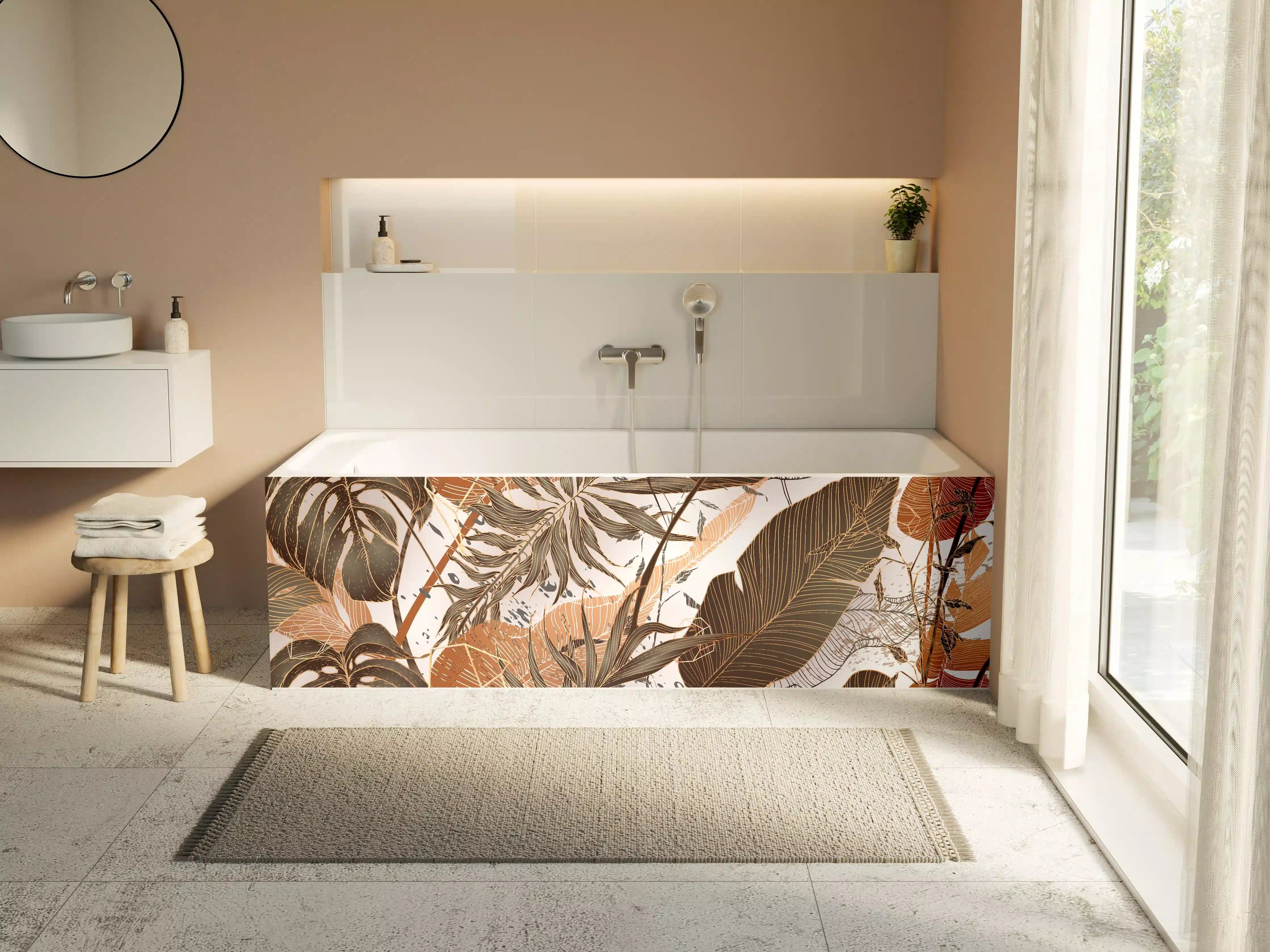 Badewannen-Rückwand - Beige Blattmuster Tapete