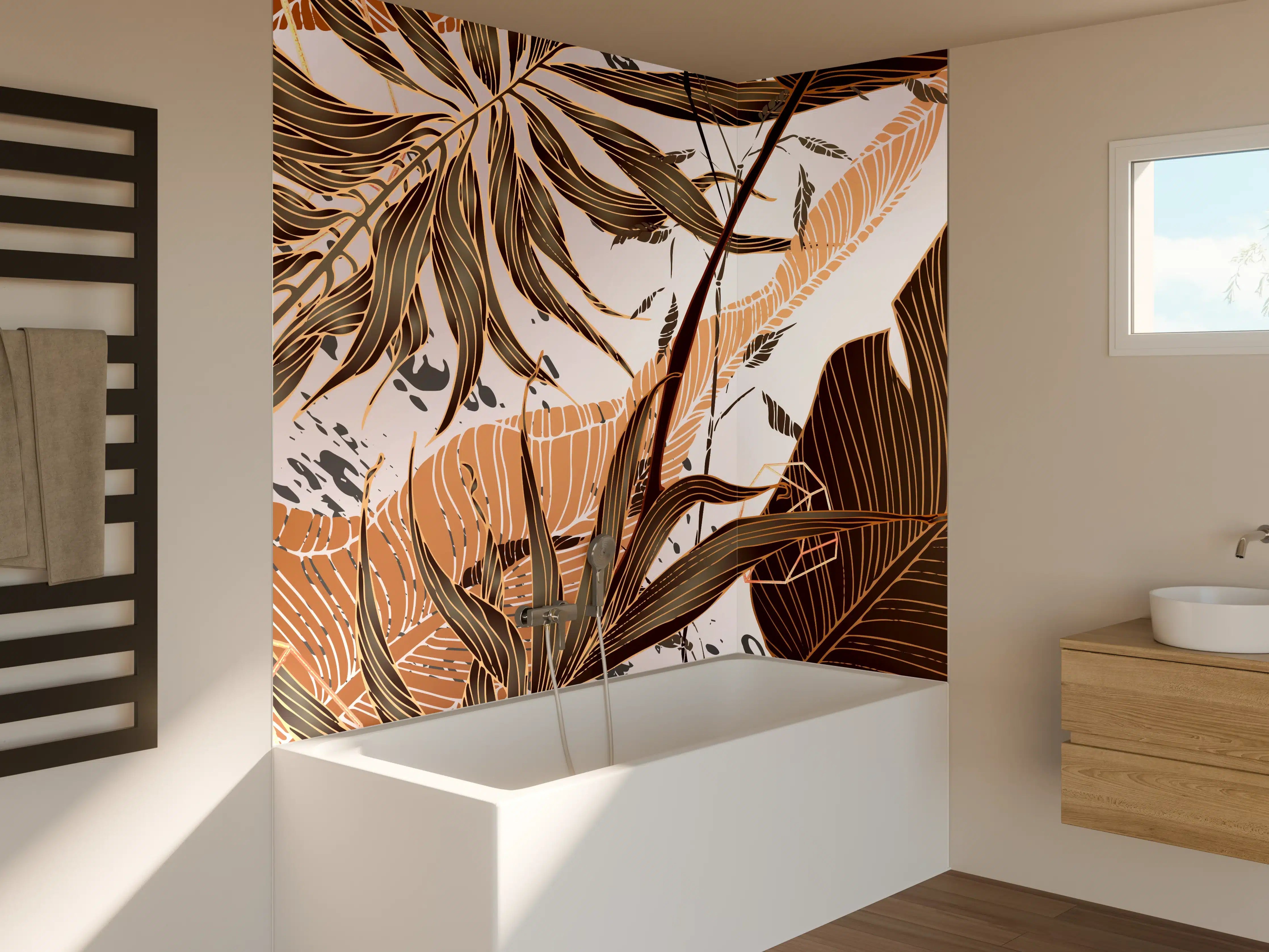 Badewannen-Rückwand - Beige Blattmuster Tapete