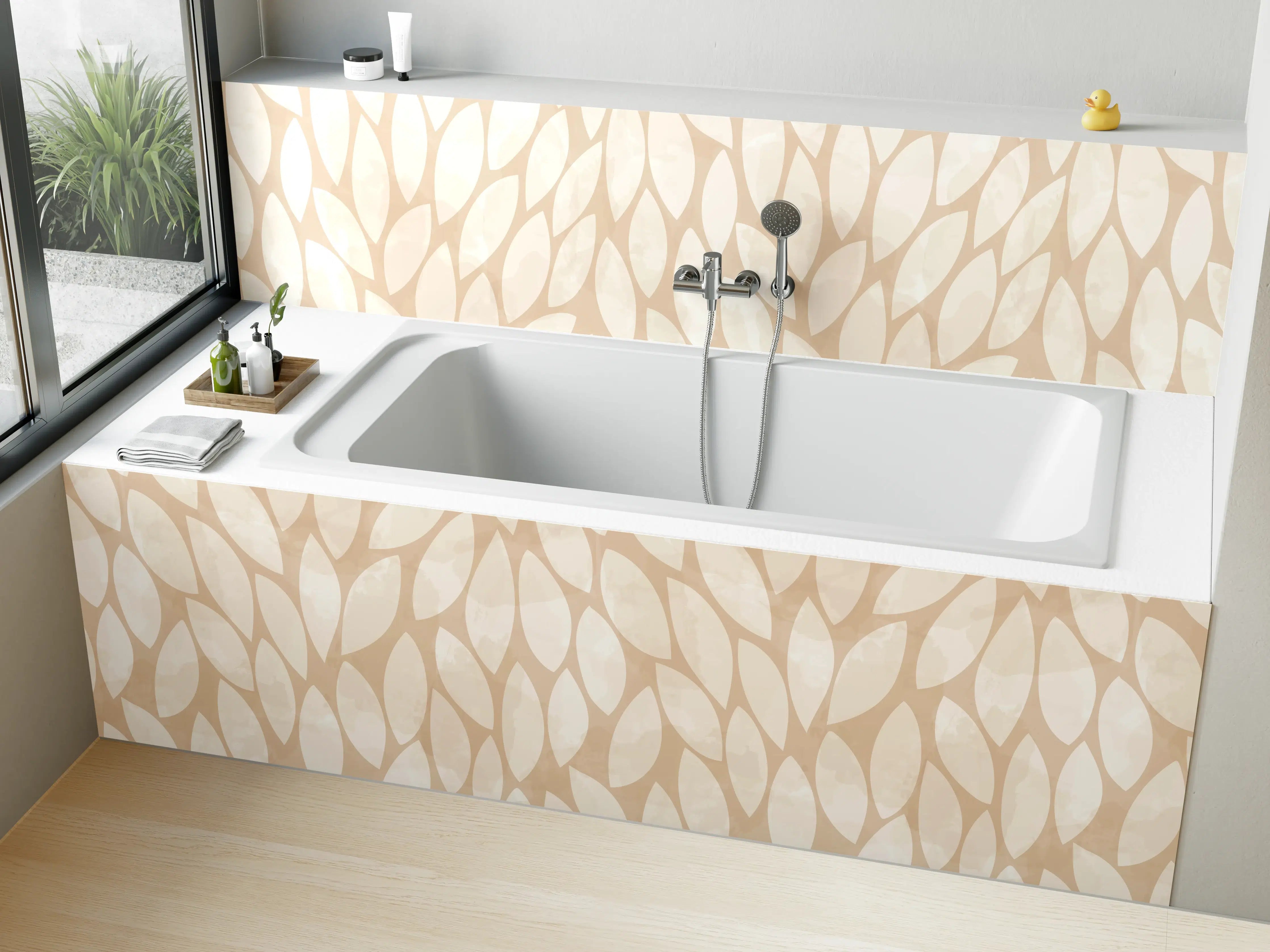 Badewannen-Rückwand - Beige Blattmuster mit zarten Farbtönen