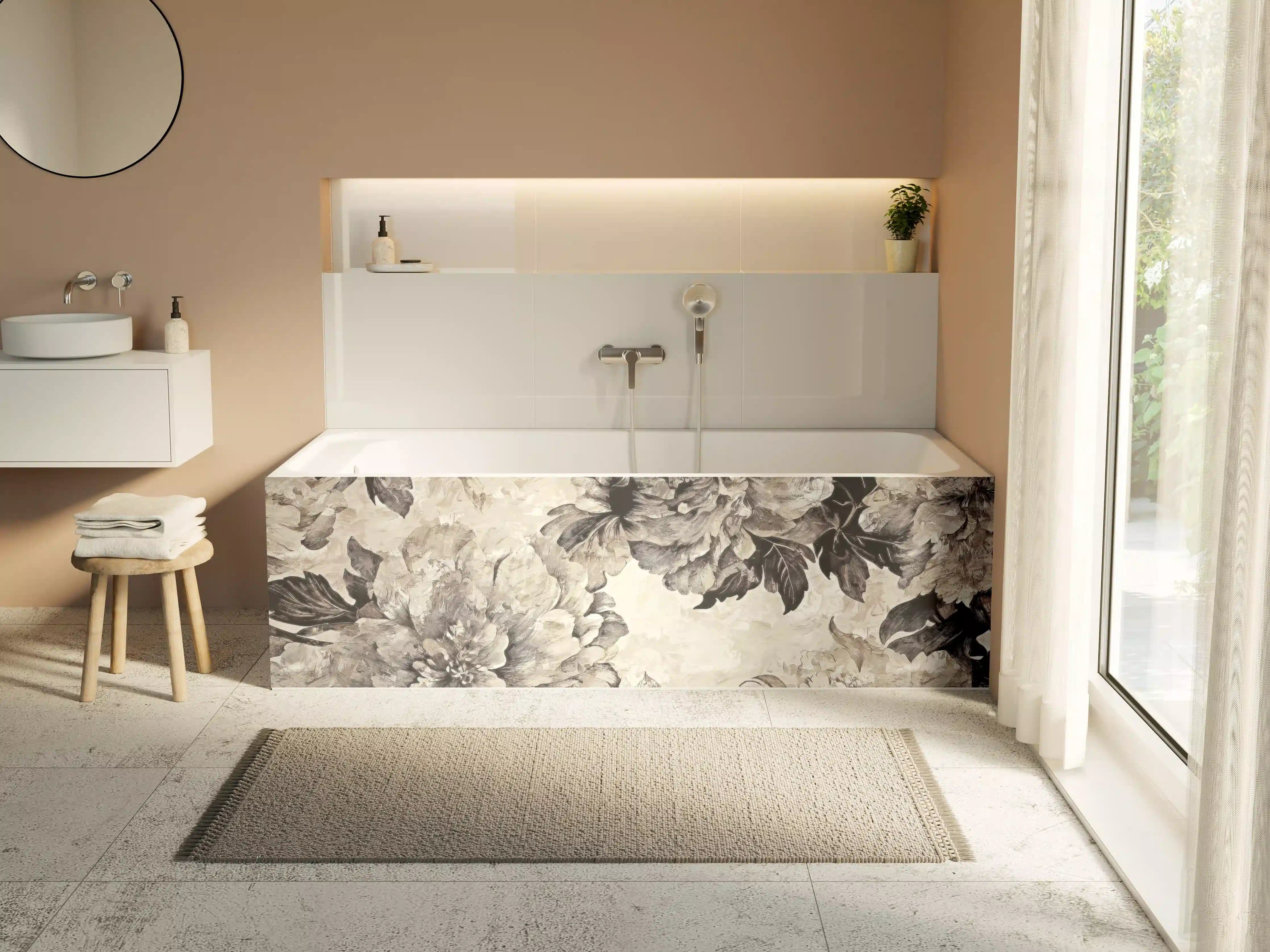 Badewannen-Rückwand - Beige Blumenpanorama Kunstwerk