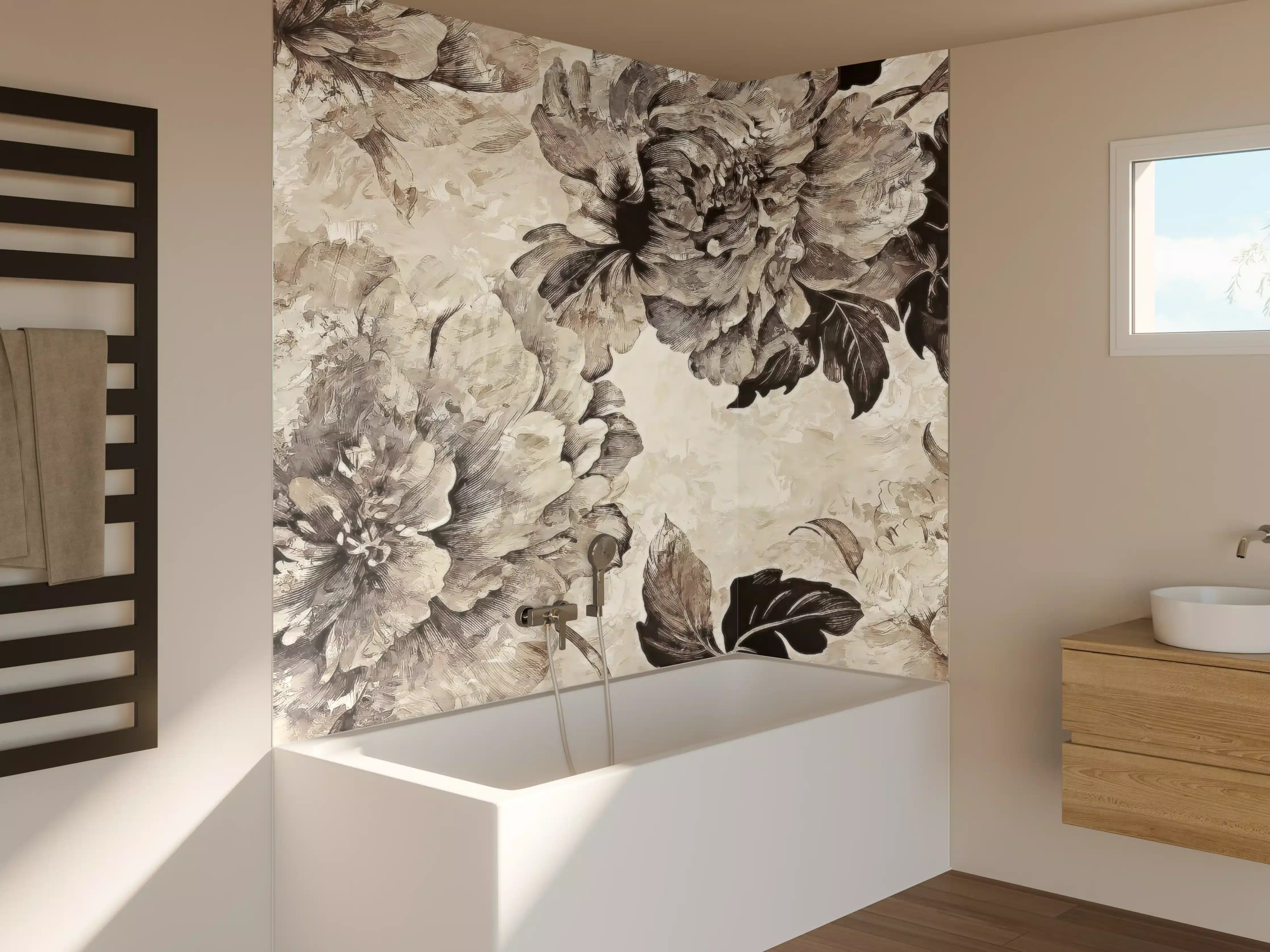 Badewannen-Rückwand - Beige Blumenpanorama Kunstwerk