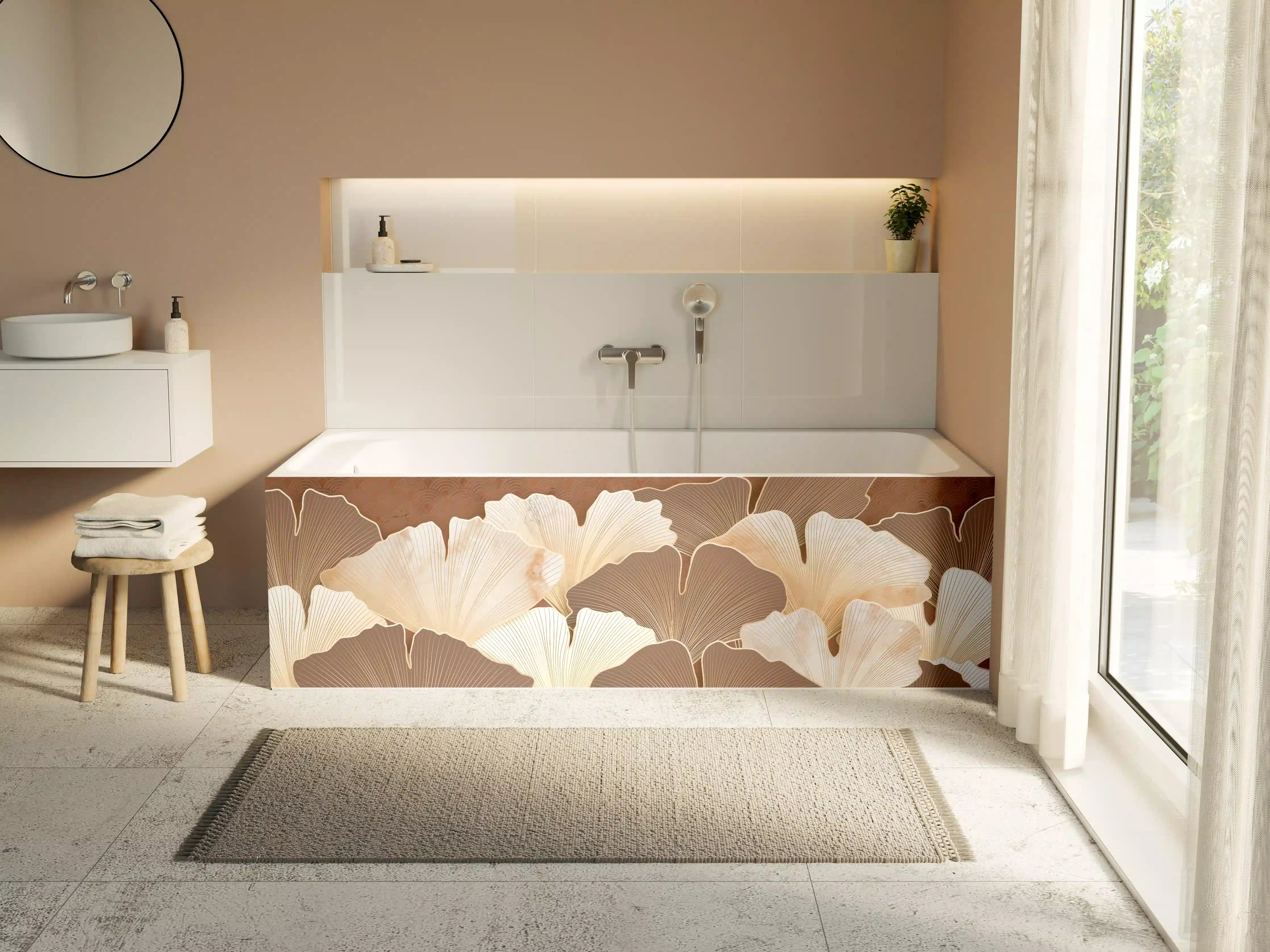Badewannen-Rückwand - Beige Ginkgo Blattmuster