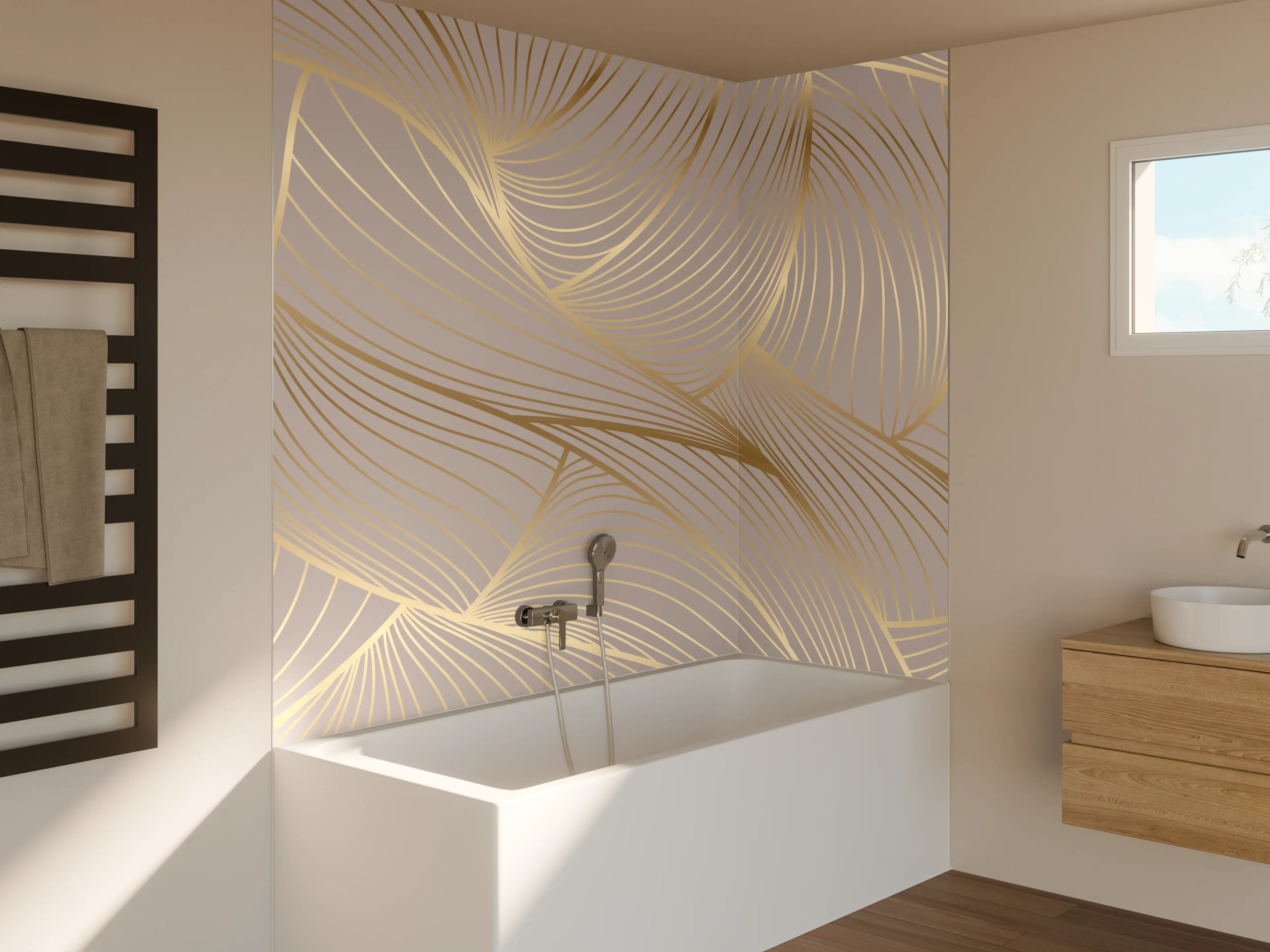 Badewannen-Rückwand - Beige-Goldene Linien Muster