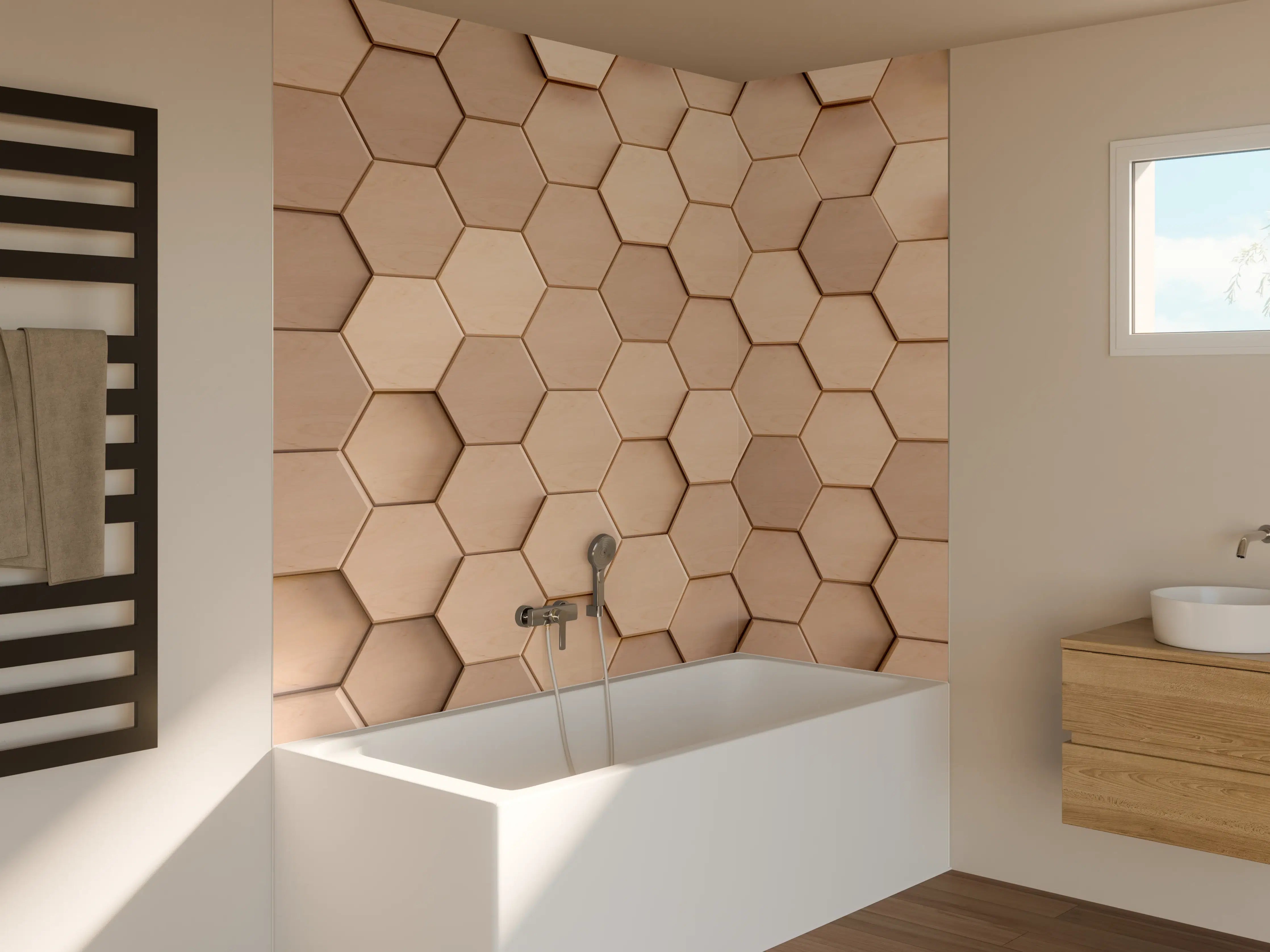 Badewannen-Rückwand - Beige Holzplatten mit Hexagon-Muster