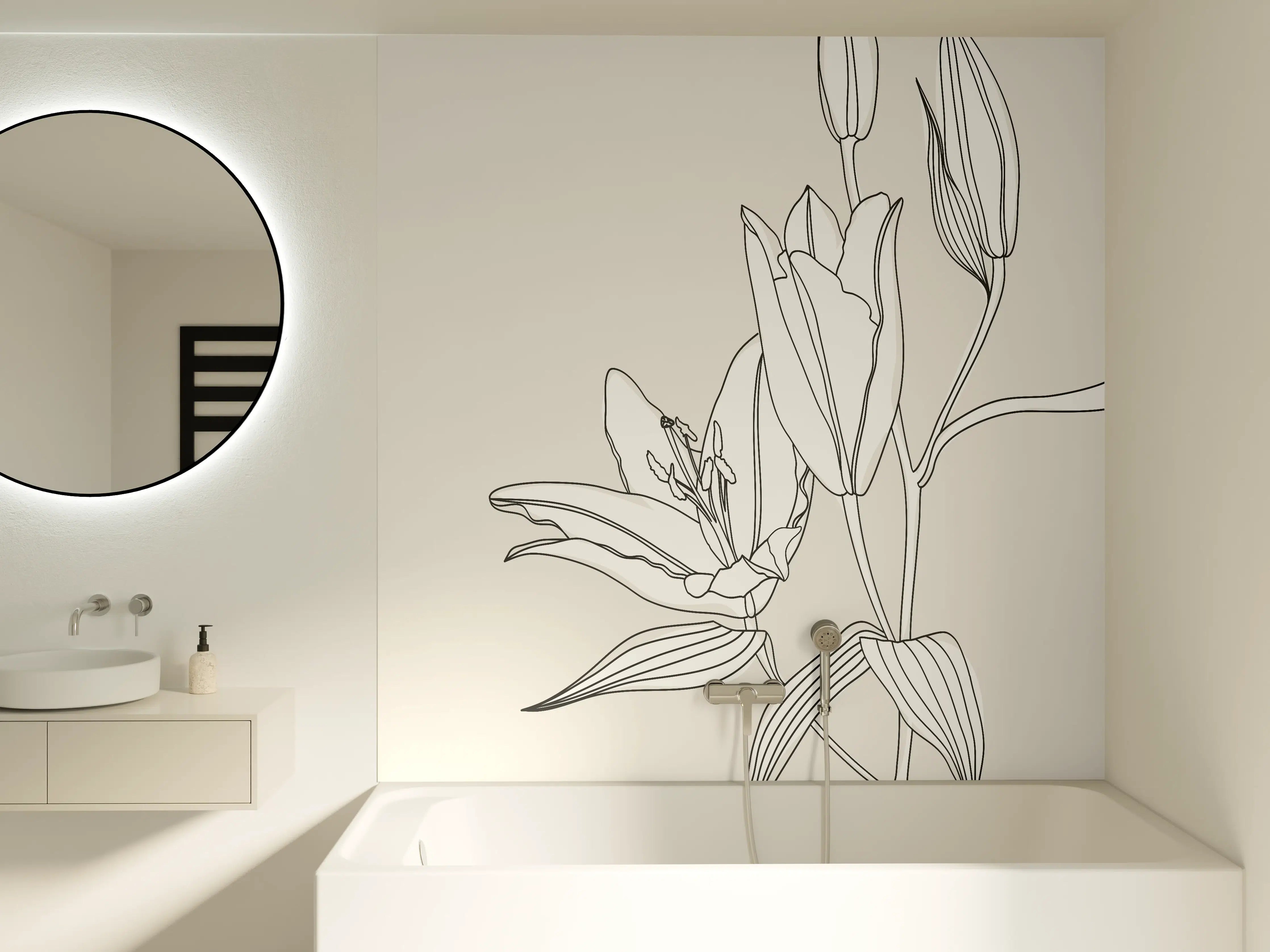 Badewannen-Rückwand - Beige Lilien Linienkunst