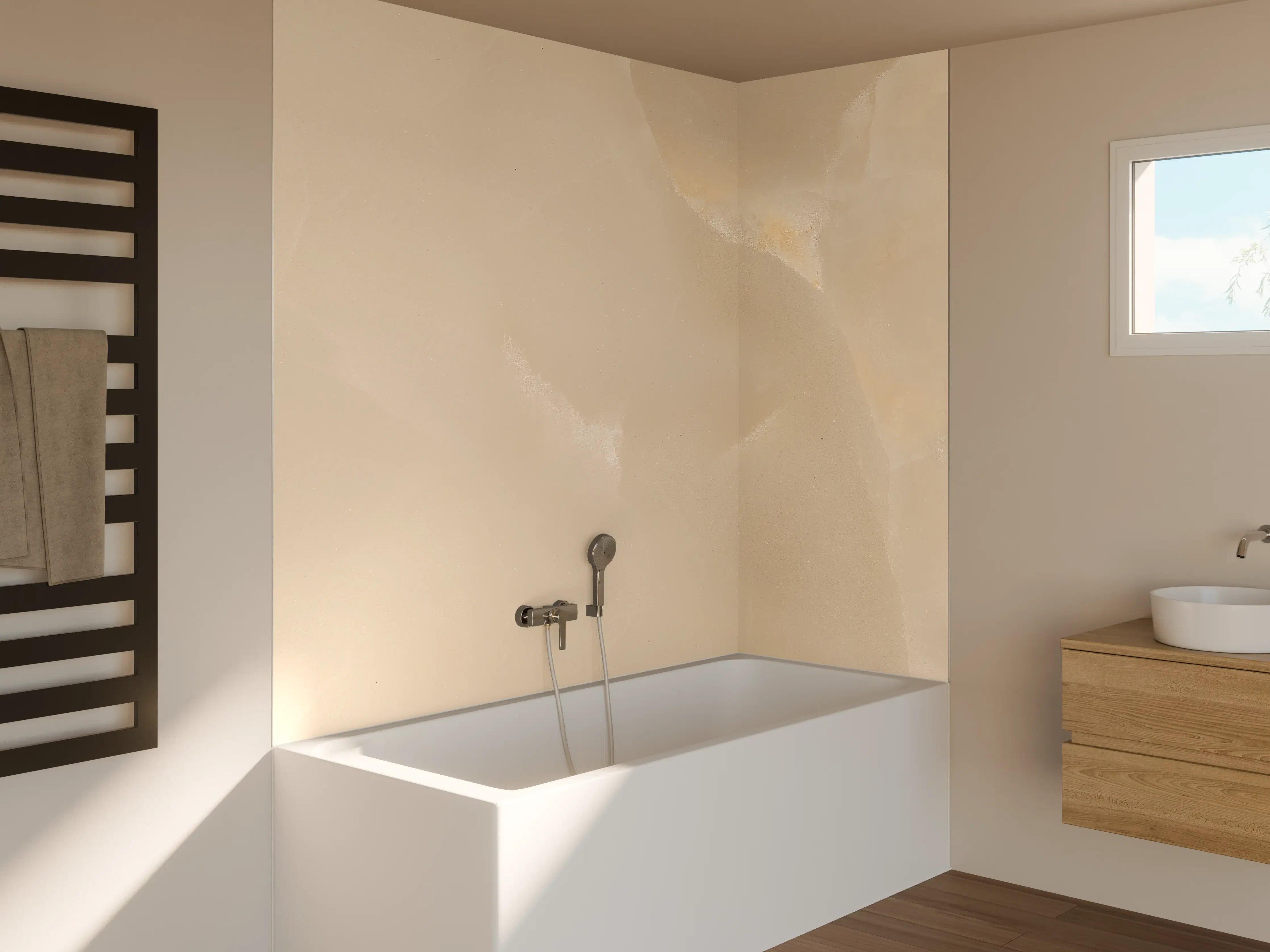 Badewannen-Rückwand - Beige Marmor-Textur mit sanften Mustern