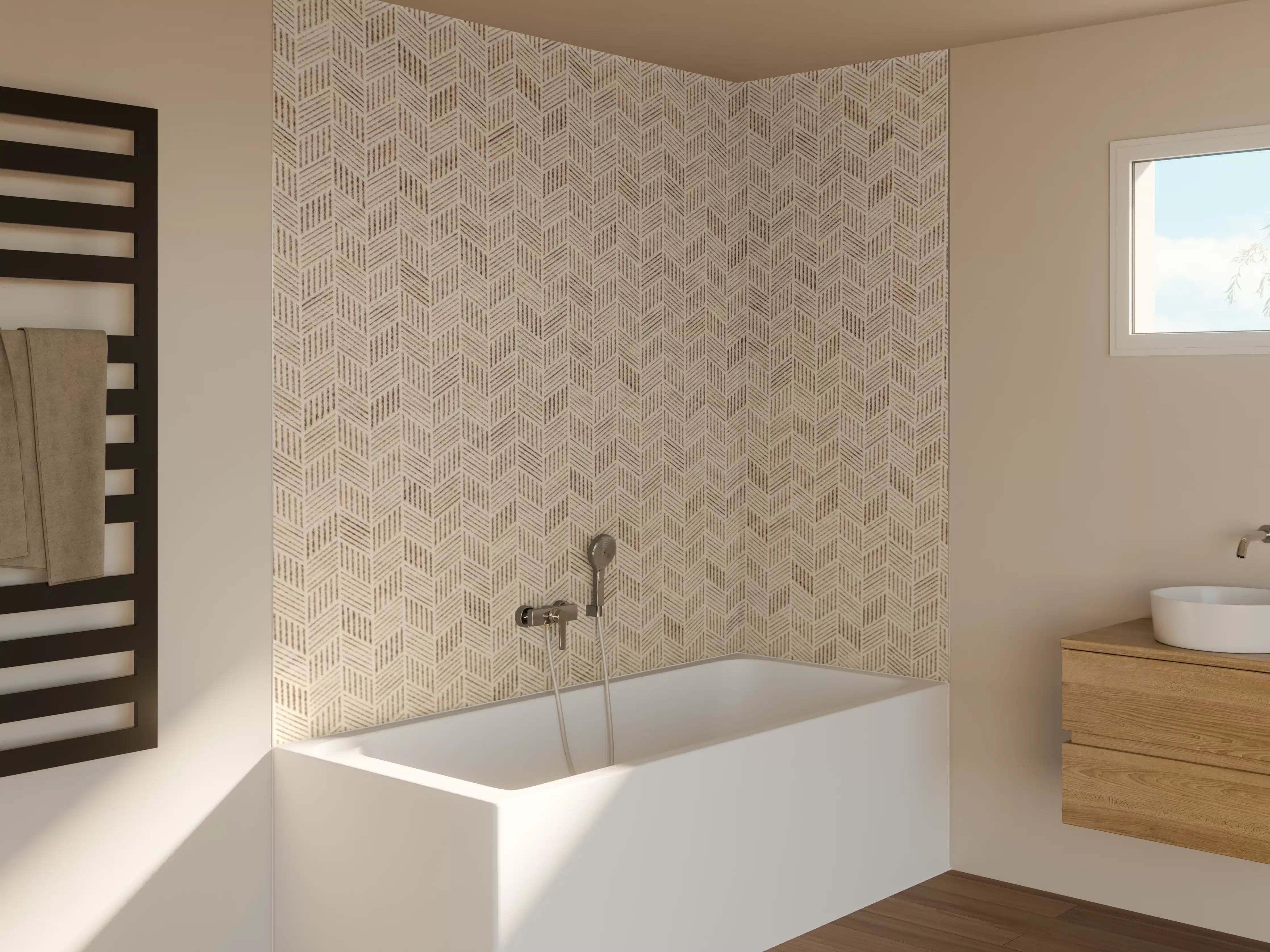 Badewannen-Rückwand - Beige Marmortextur mit filigraner Musterung