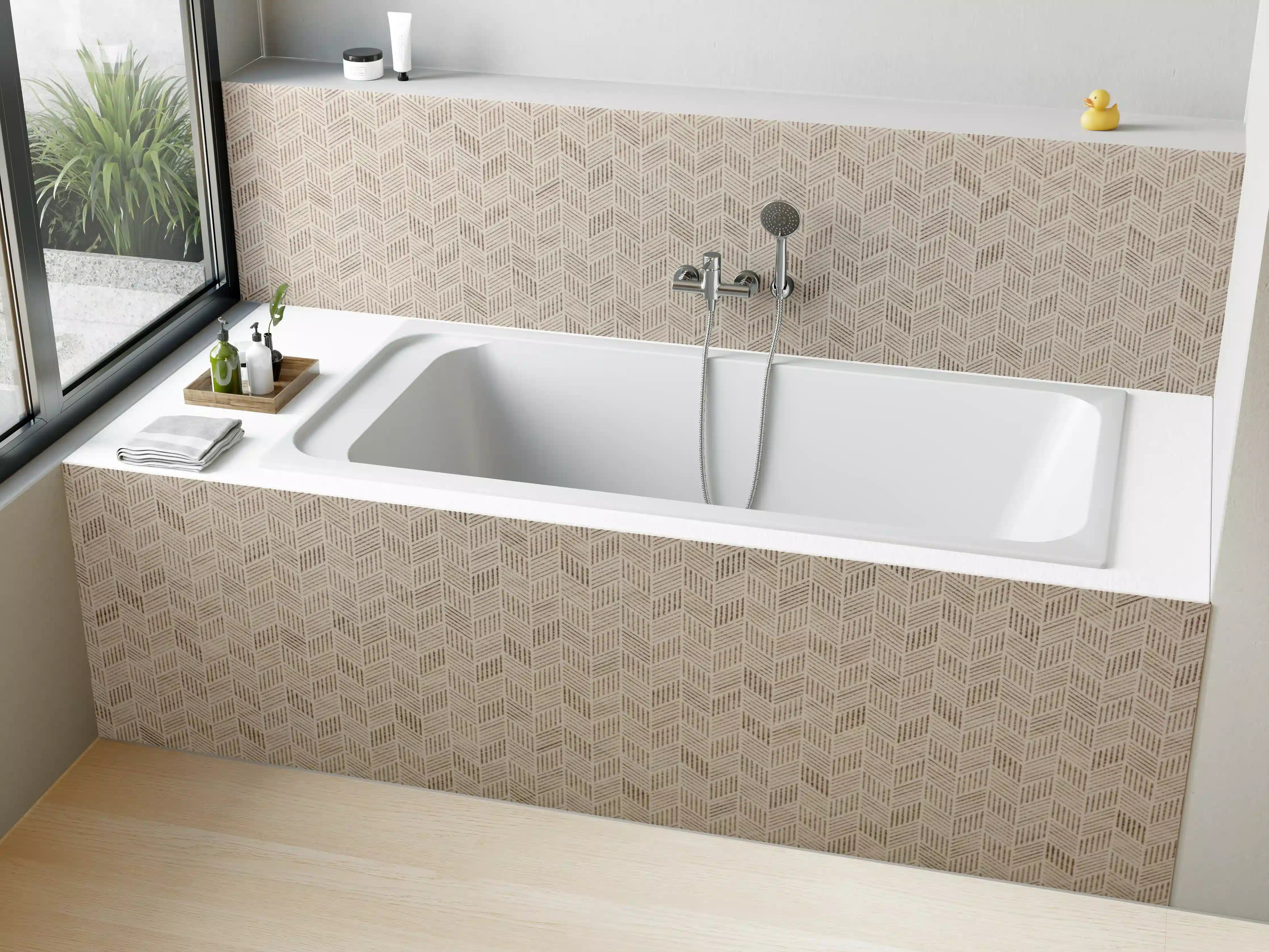 Badewannen-Rückwand - Beige Marmortextur mit filigraner Musterung