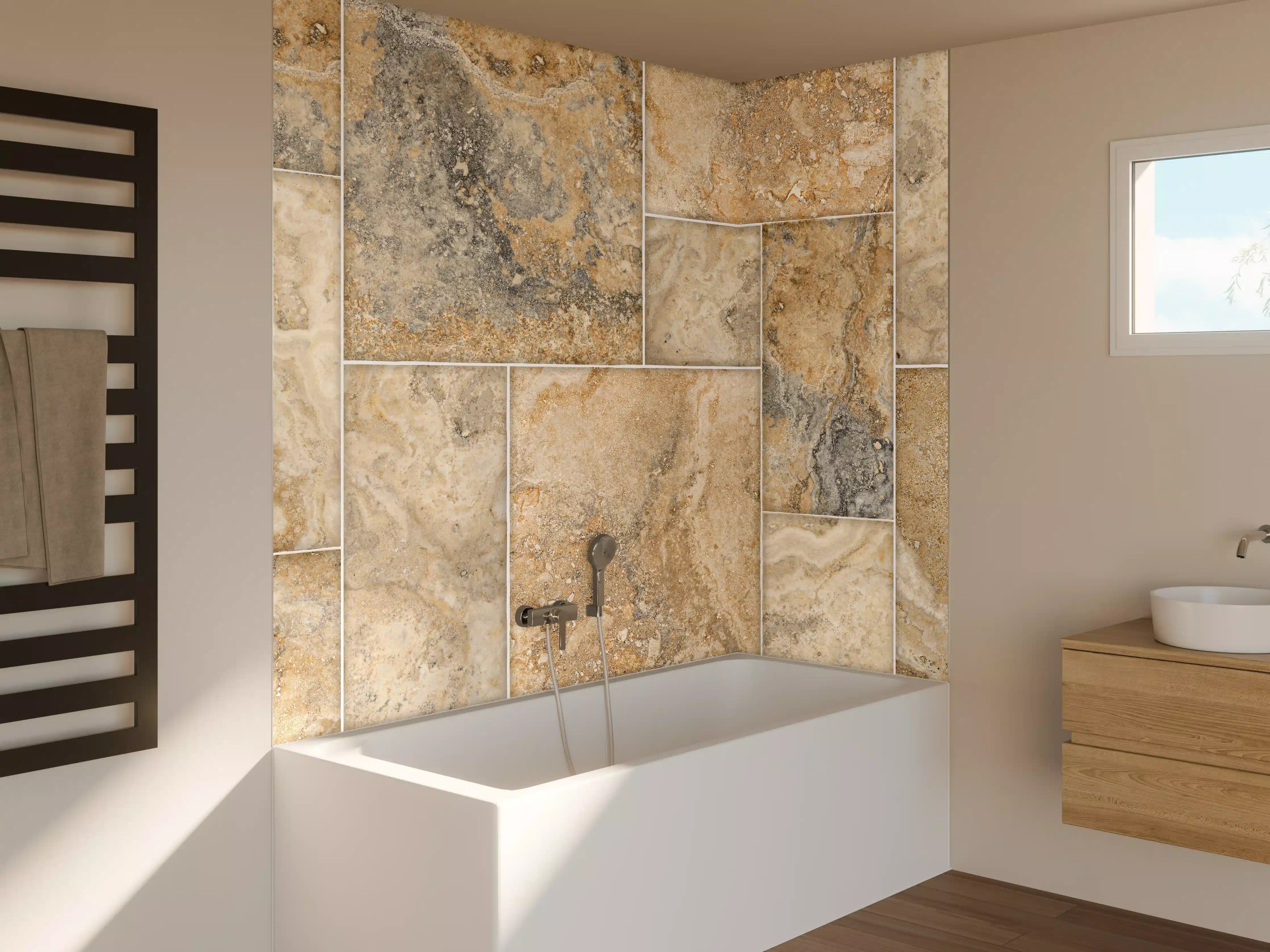 Badewannen-Rückwand - Beige Naturstein Wandtextur