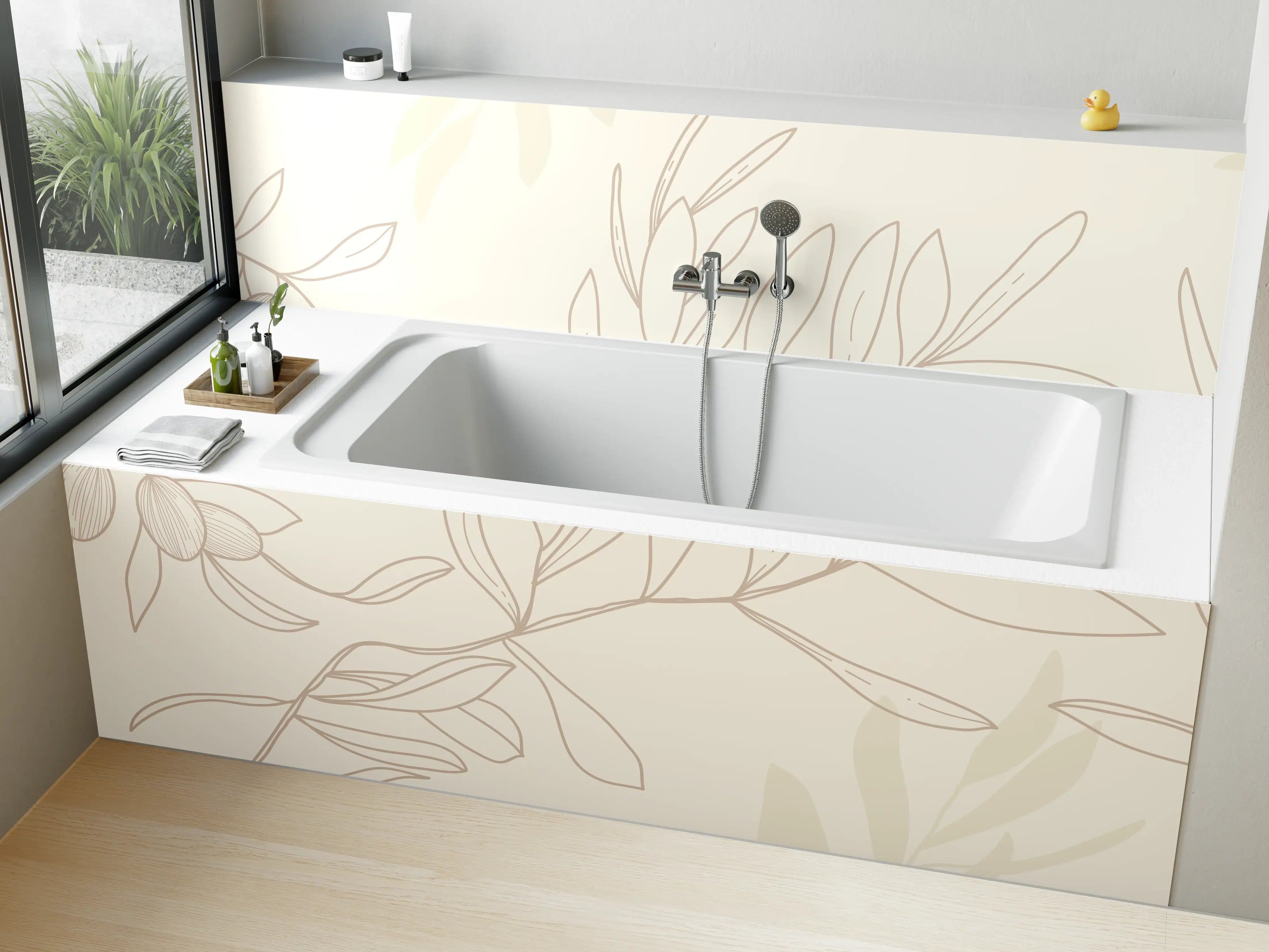 Badewannen-Rückwand - Beige Pflanzenlinien Muster