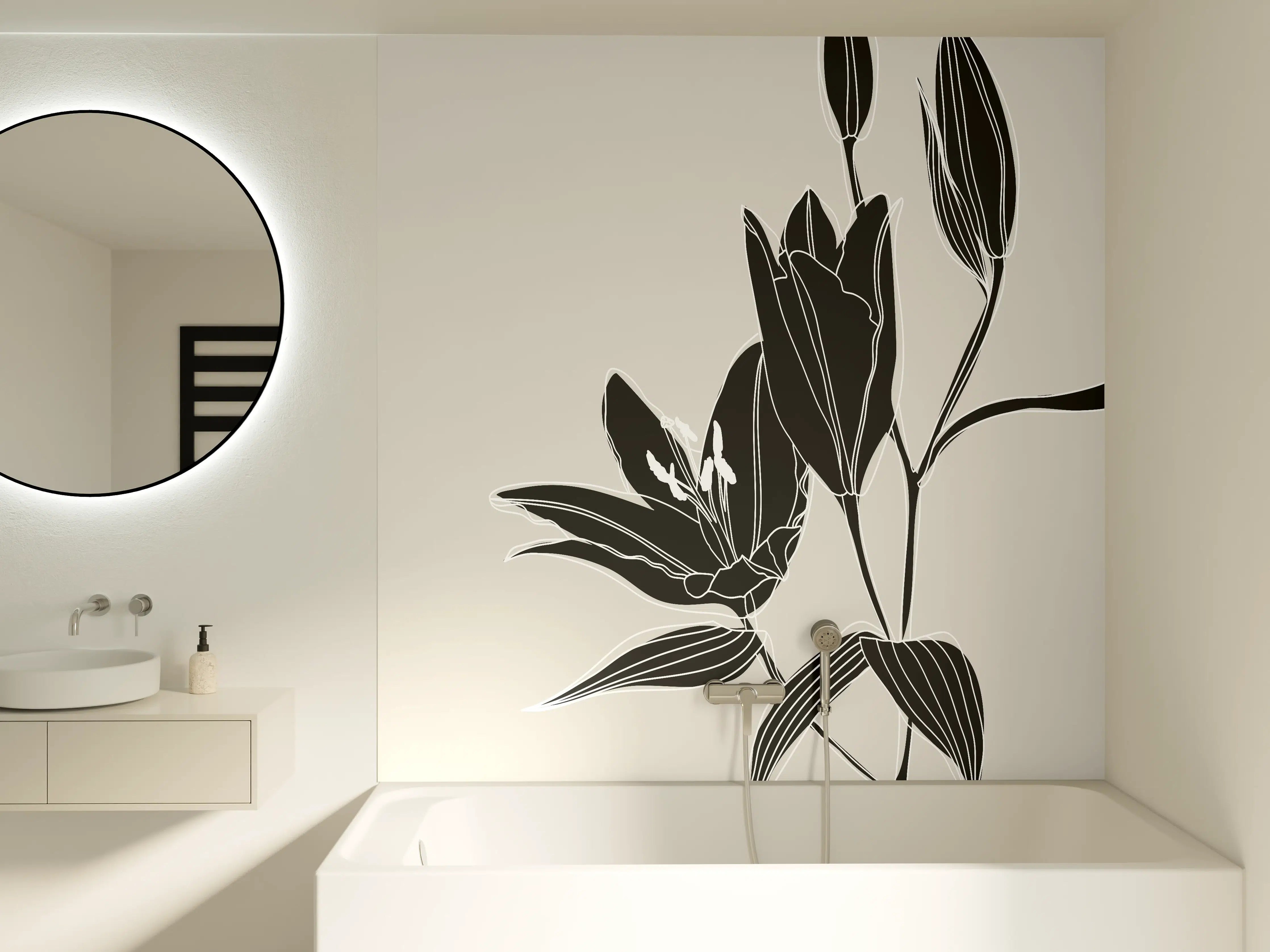 Badewannen-Rückwand - Beige Schwarze Lilien Lineart