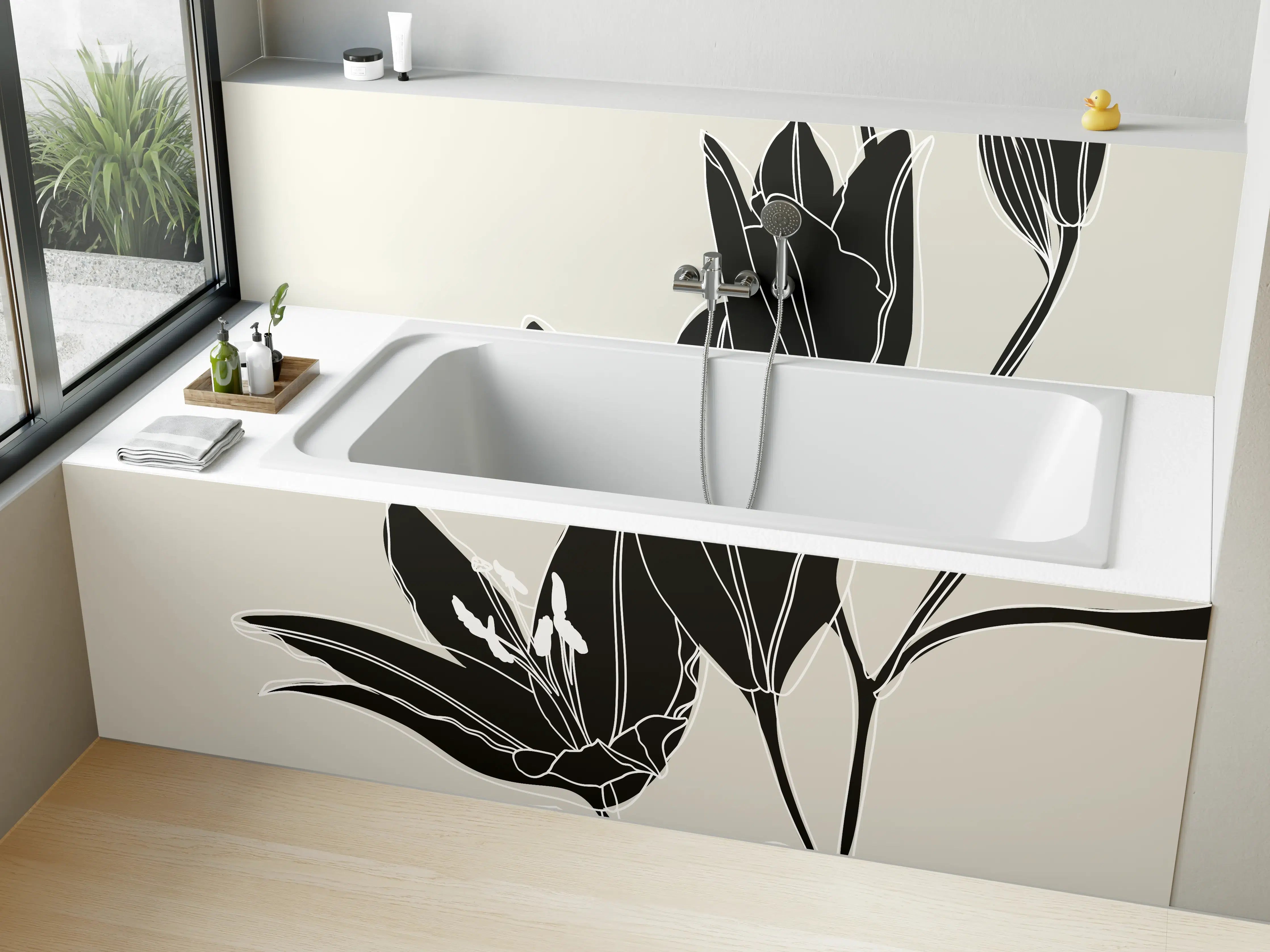 Badewannen-Rückwand - Beige Schwarze Lilien Lineart