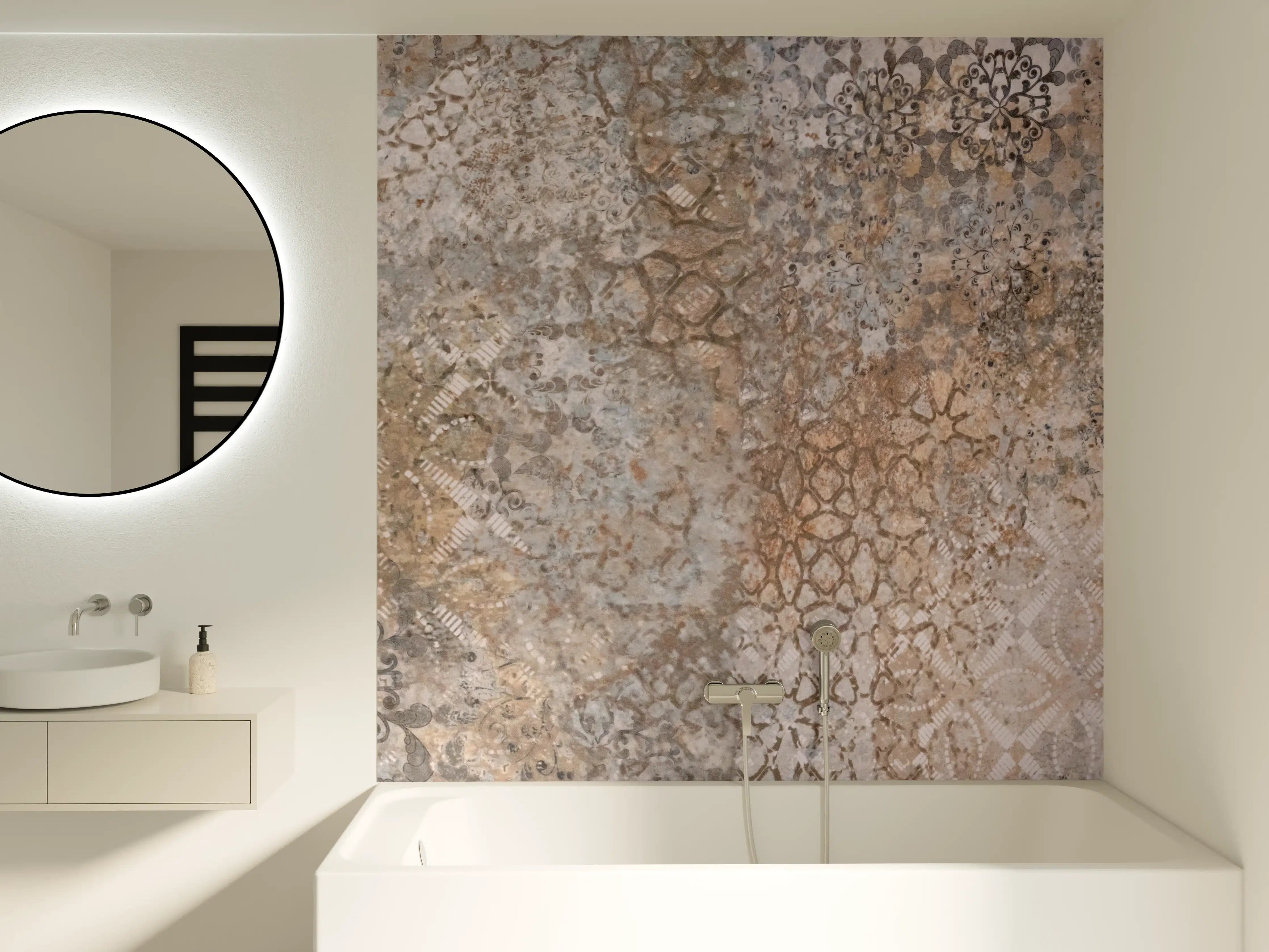 Badewannen-Rückwand - Beige Vintage Blumenmuster im Tapeten-Stil