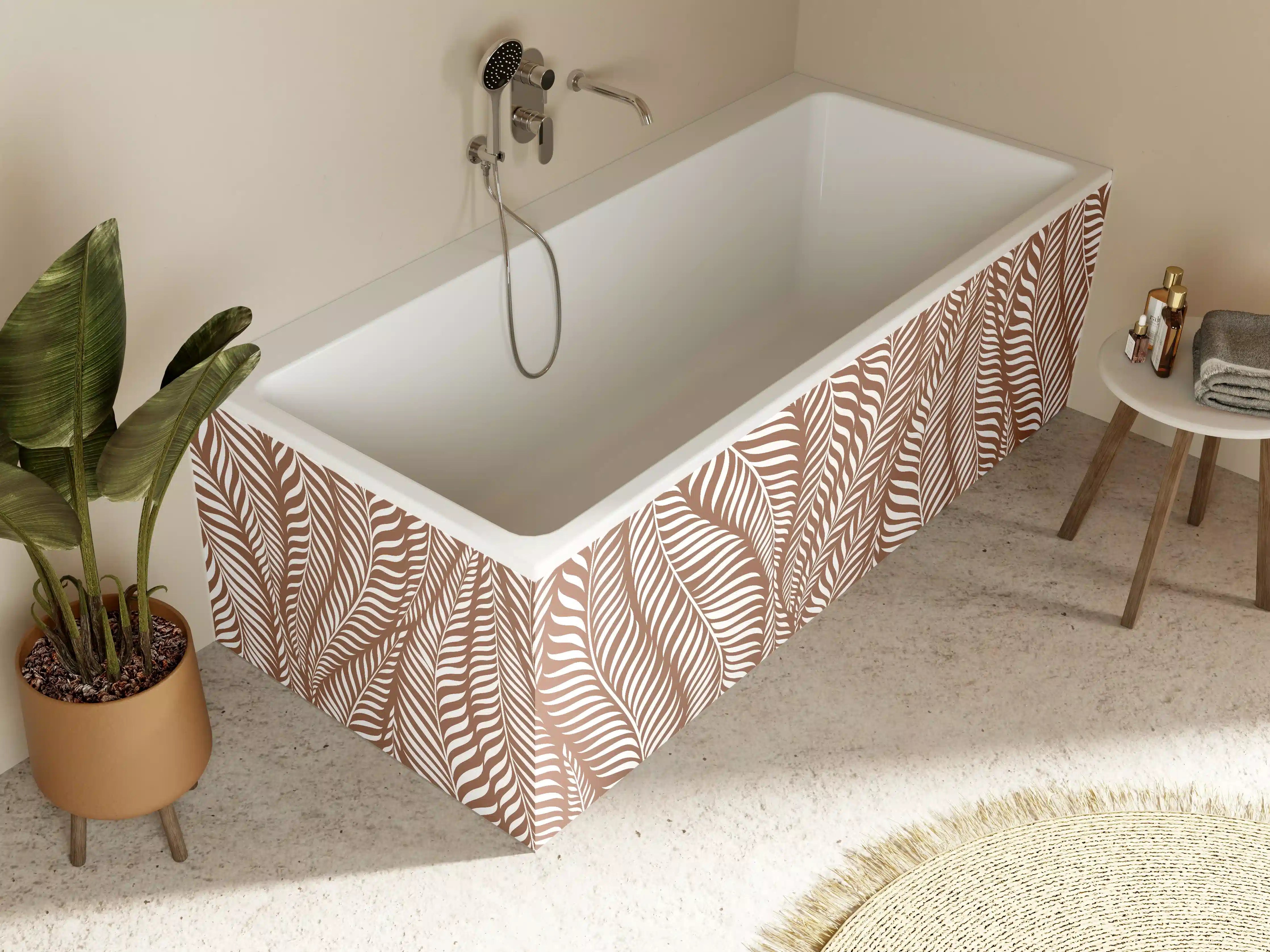 Badewannen-Rückwand - Beige-Weiße Blättermuster Wandgestaltung