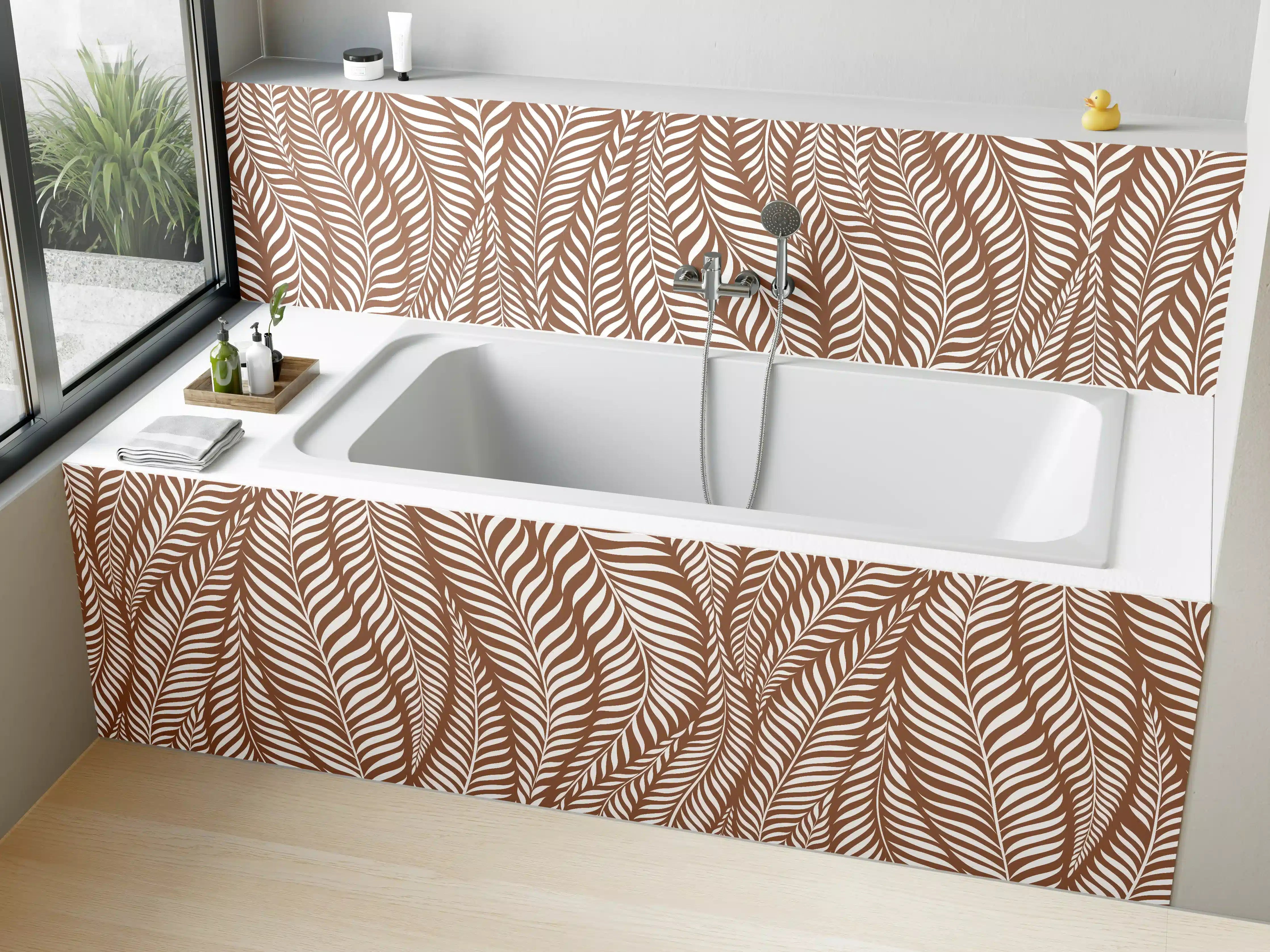 Badewannen-Rückwand - Beige-Weiße Blättermuster Wandgestaltung