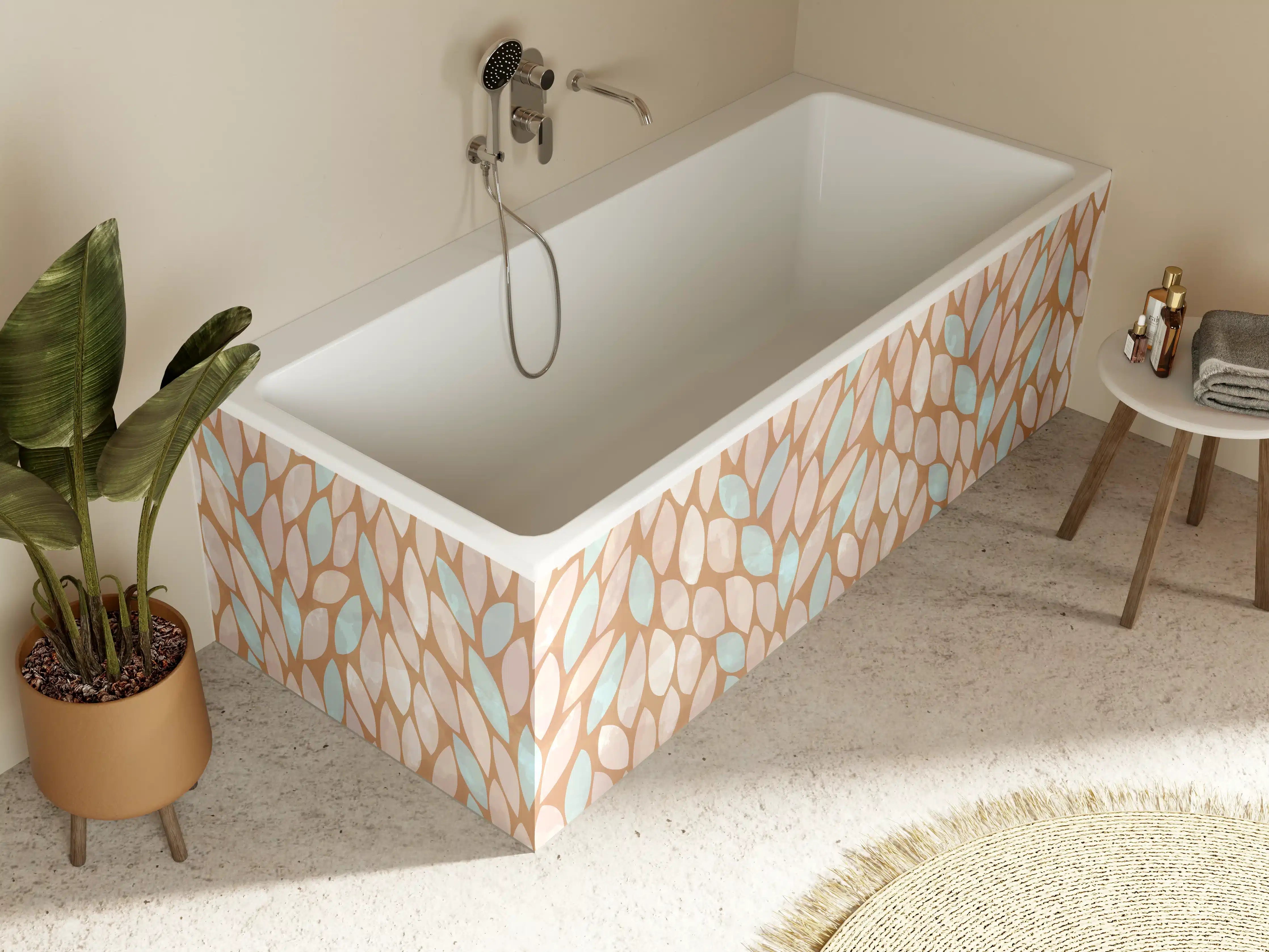 Badewannen-Rückwand - Beige-Weiße Blätterstruktur mit zarten No-Touch-Farben