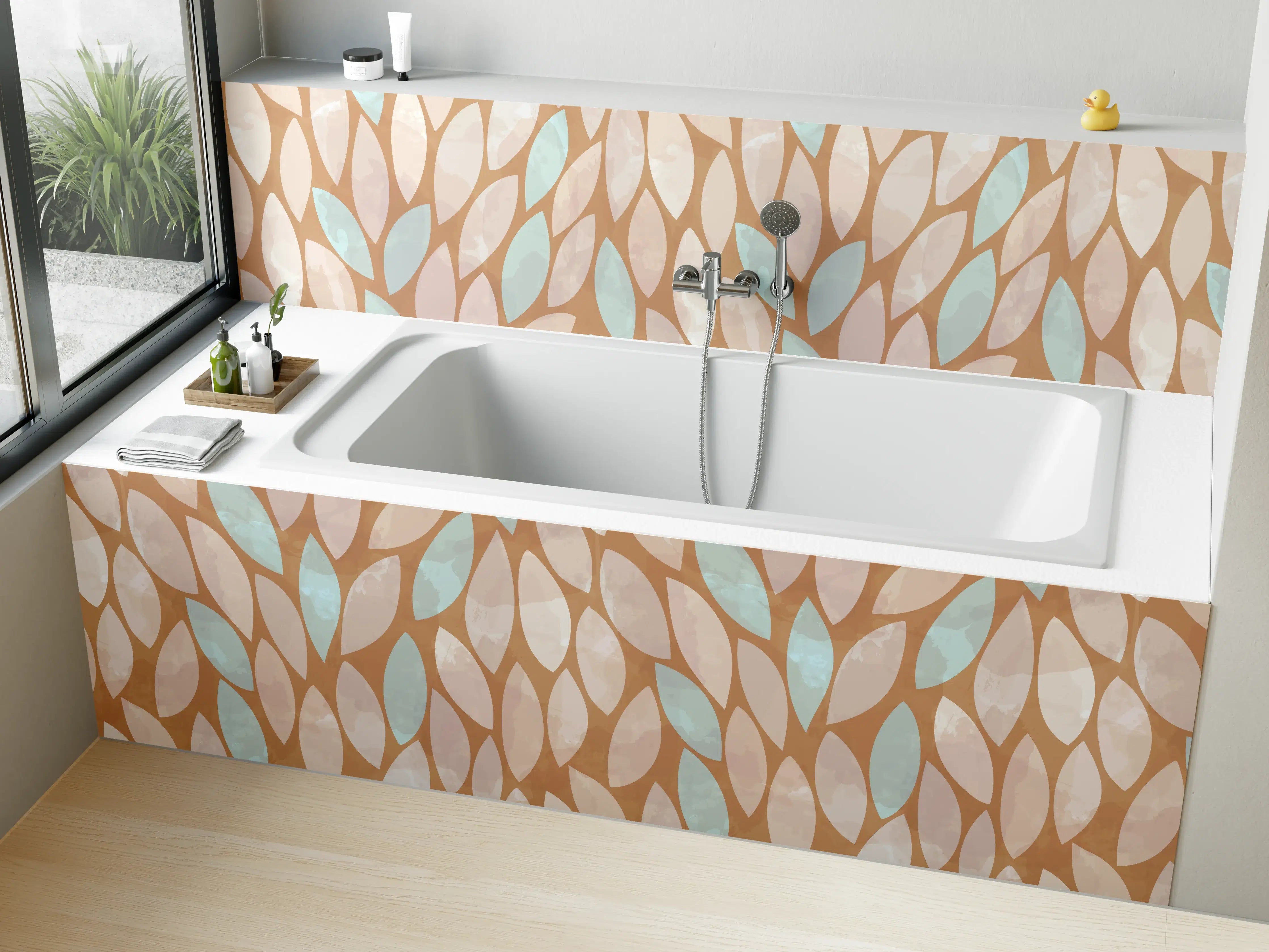 Badewannen-Rückwand - Beige-Weiße Blätterstruktur mit zarten No-Touch-Farben