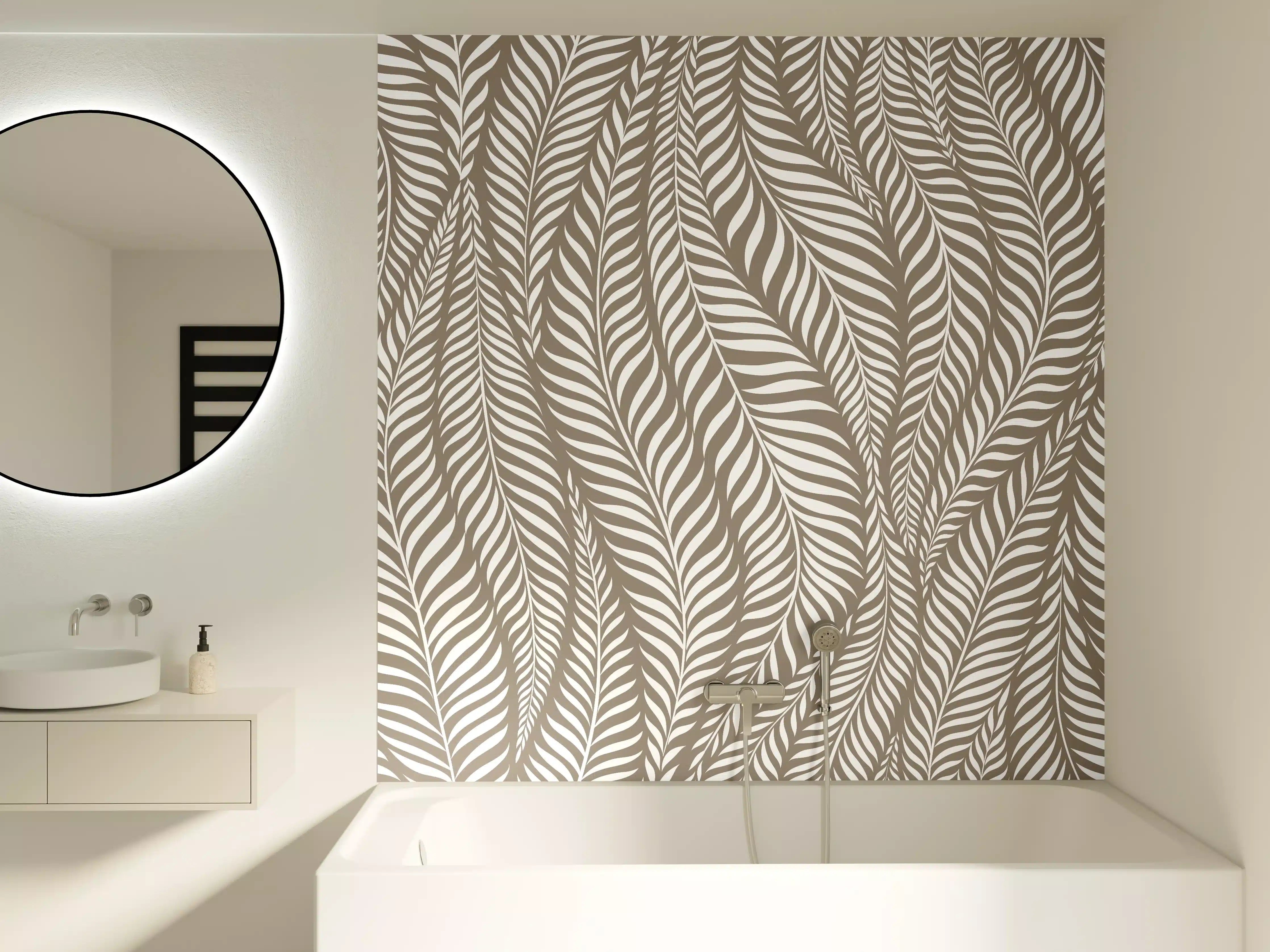 Badewannen-Rückwand - Beige-Weiße Blattmusterwand mit feinen Linien