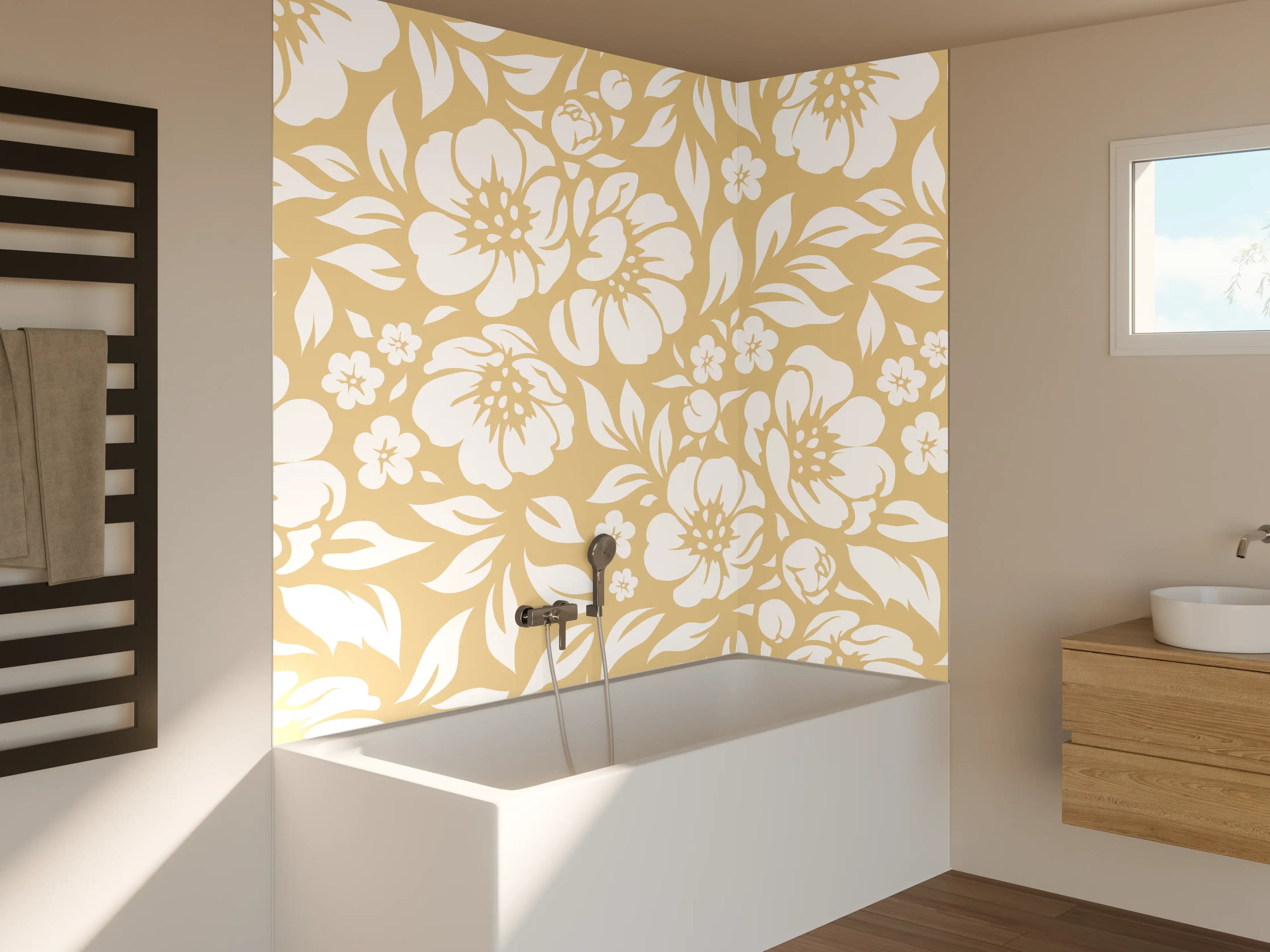 Badewannen-Rückwand - Beige-Weiße Blumenmuster-Textur