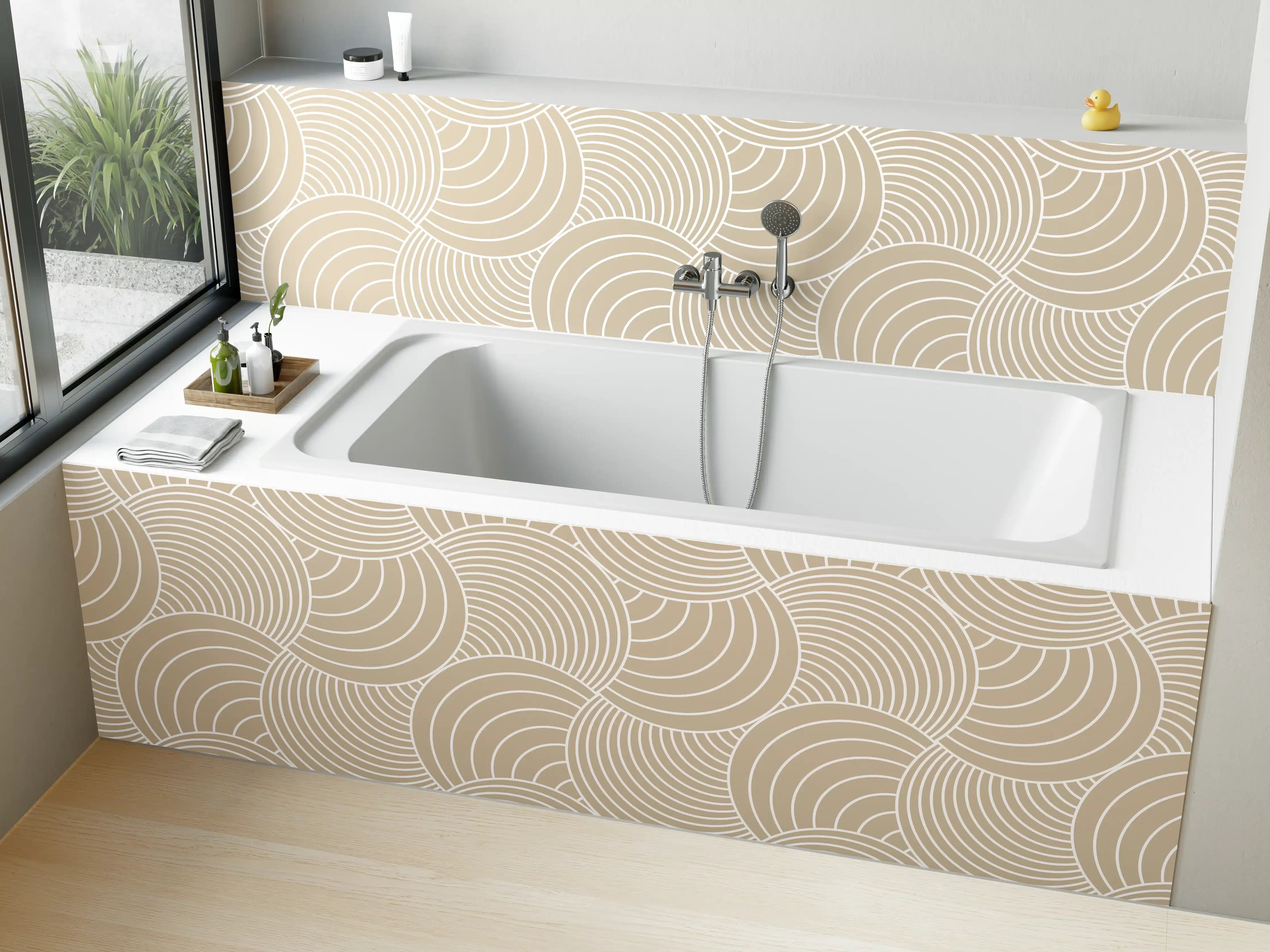 Badewannen-Rückwand - Beige Wellenmuster mit weißen Linien