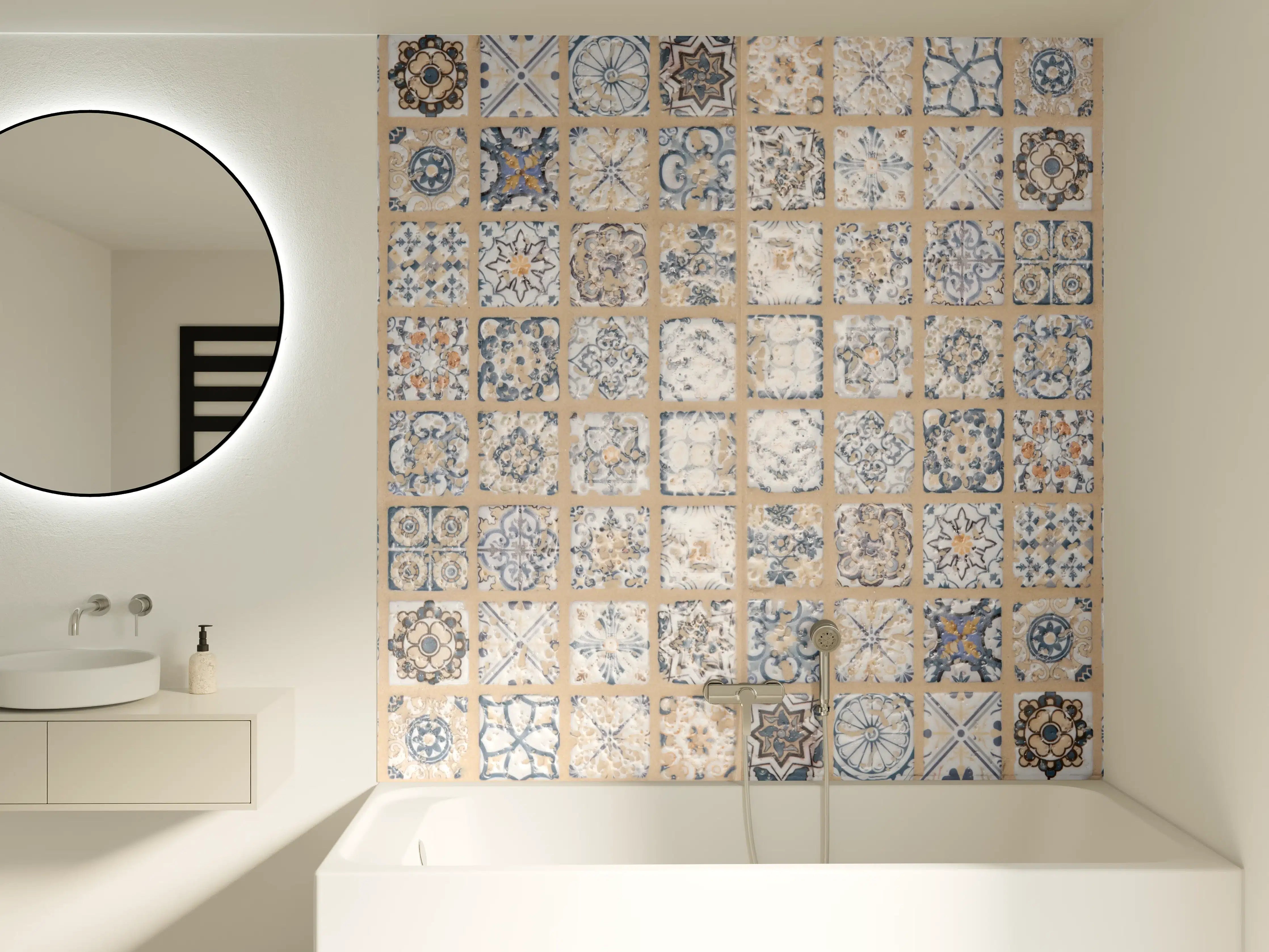 Badewannen-Rückwand - Beige-blau Vintage Mosaik
