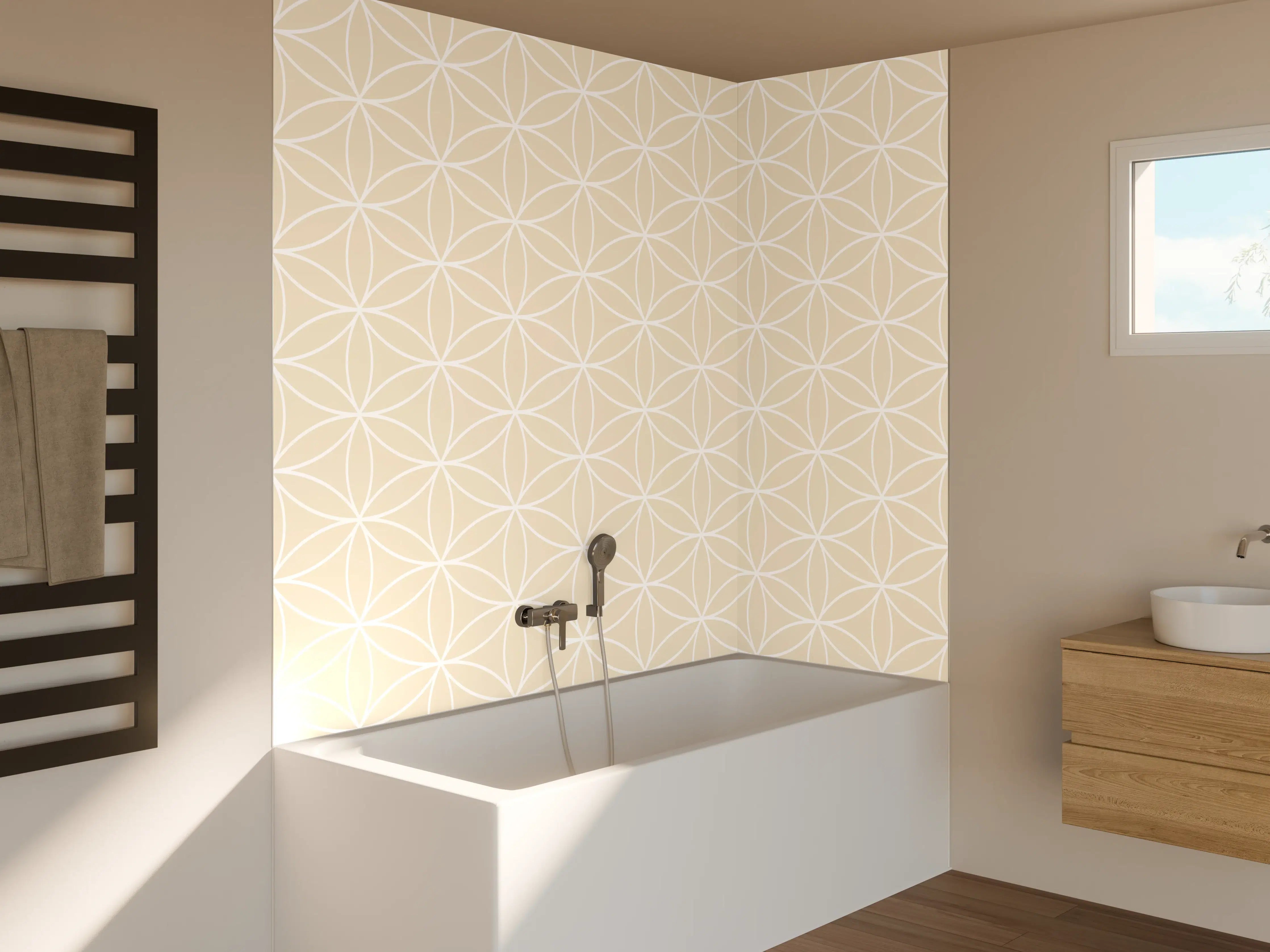 Badewannen-Rückwand - Beige-musterte Wand mit geometrischem Design