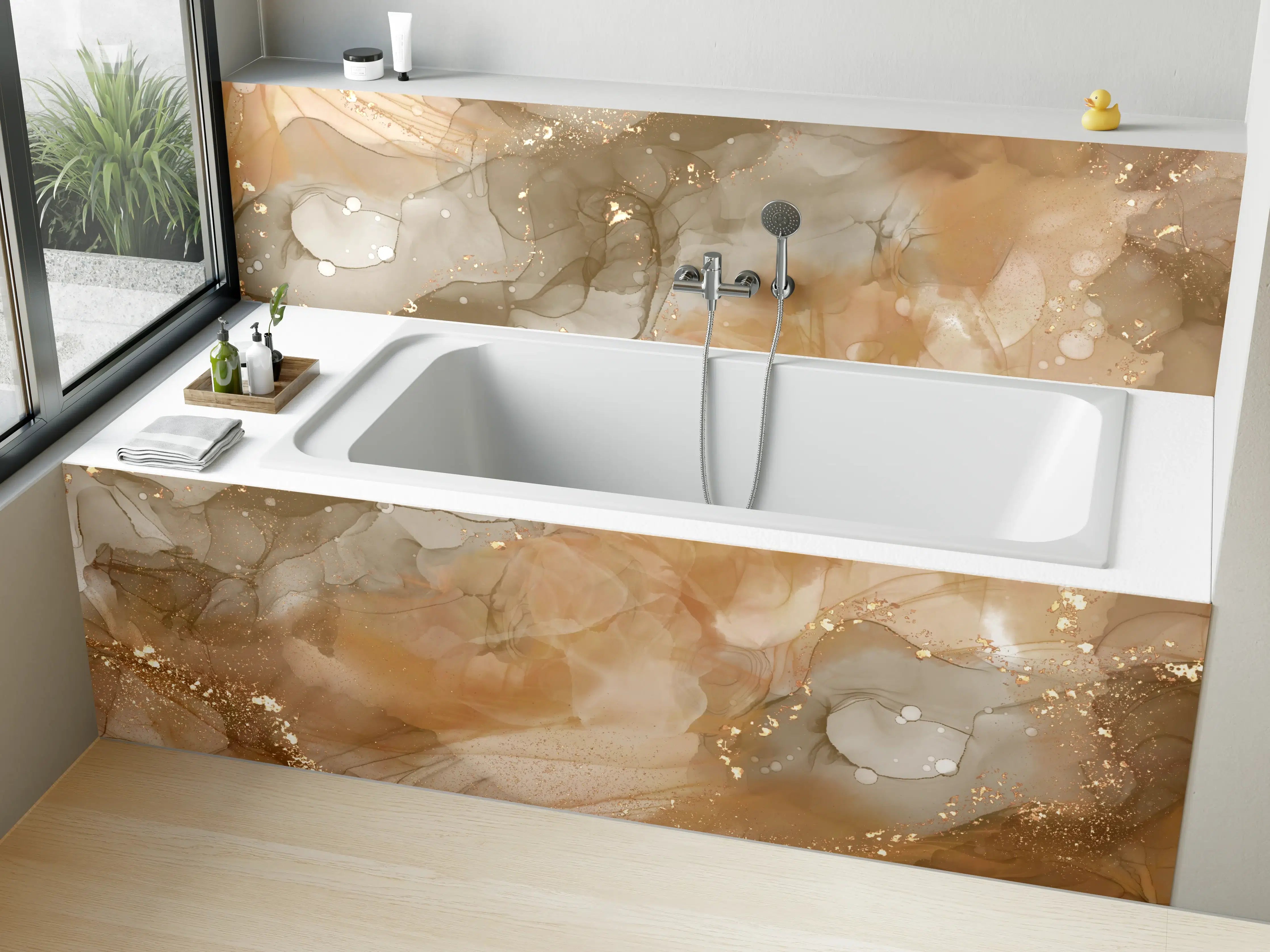 Badewannen-Rückwand - Beige und Braun mit Goldakzenten