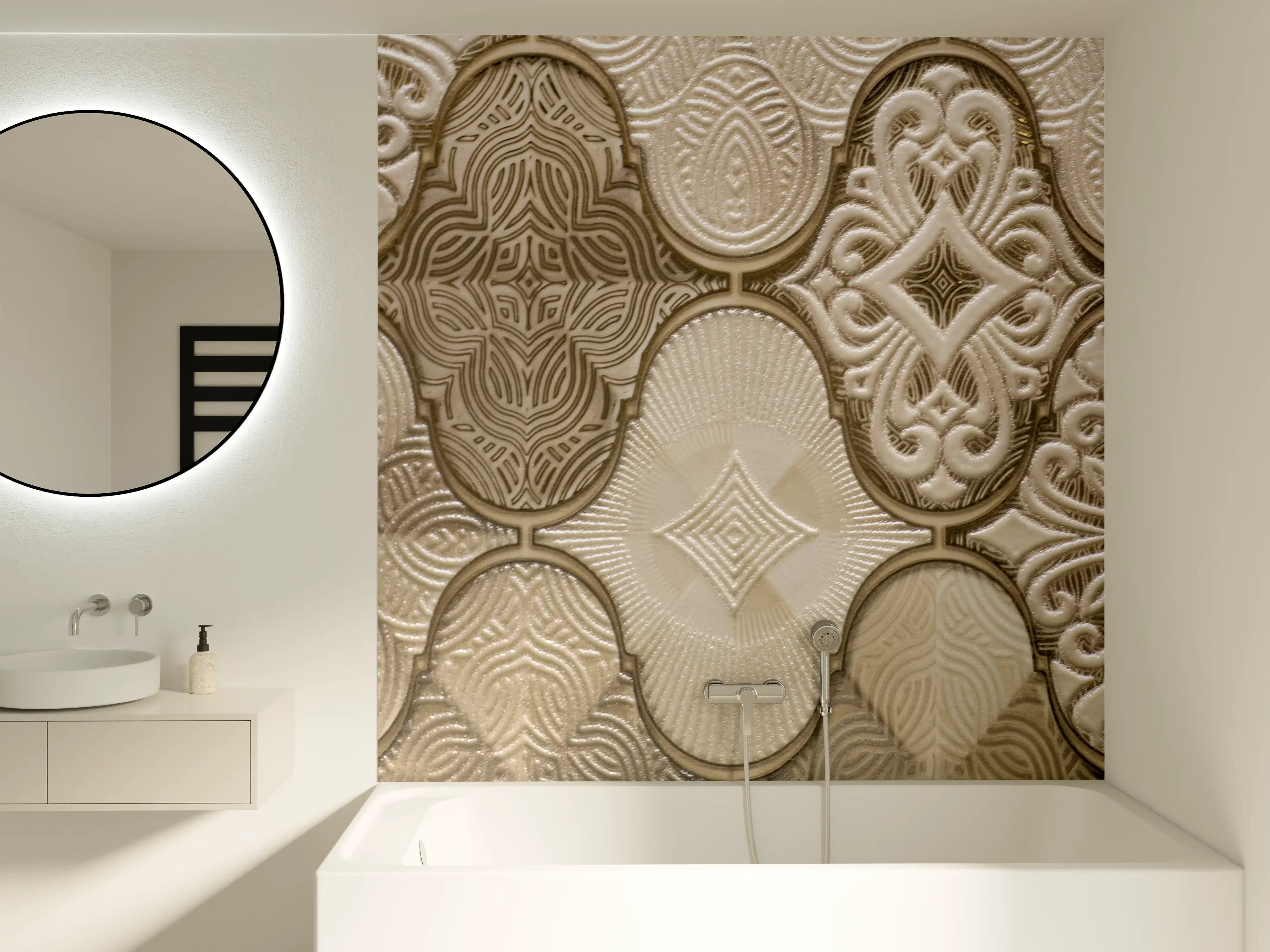 Badewannen-Rückwand - Beige und Goldene Mustertextur mit Ornamenten