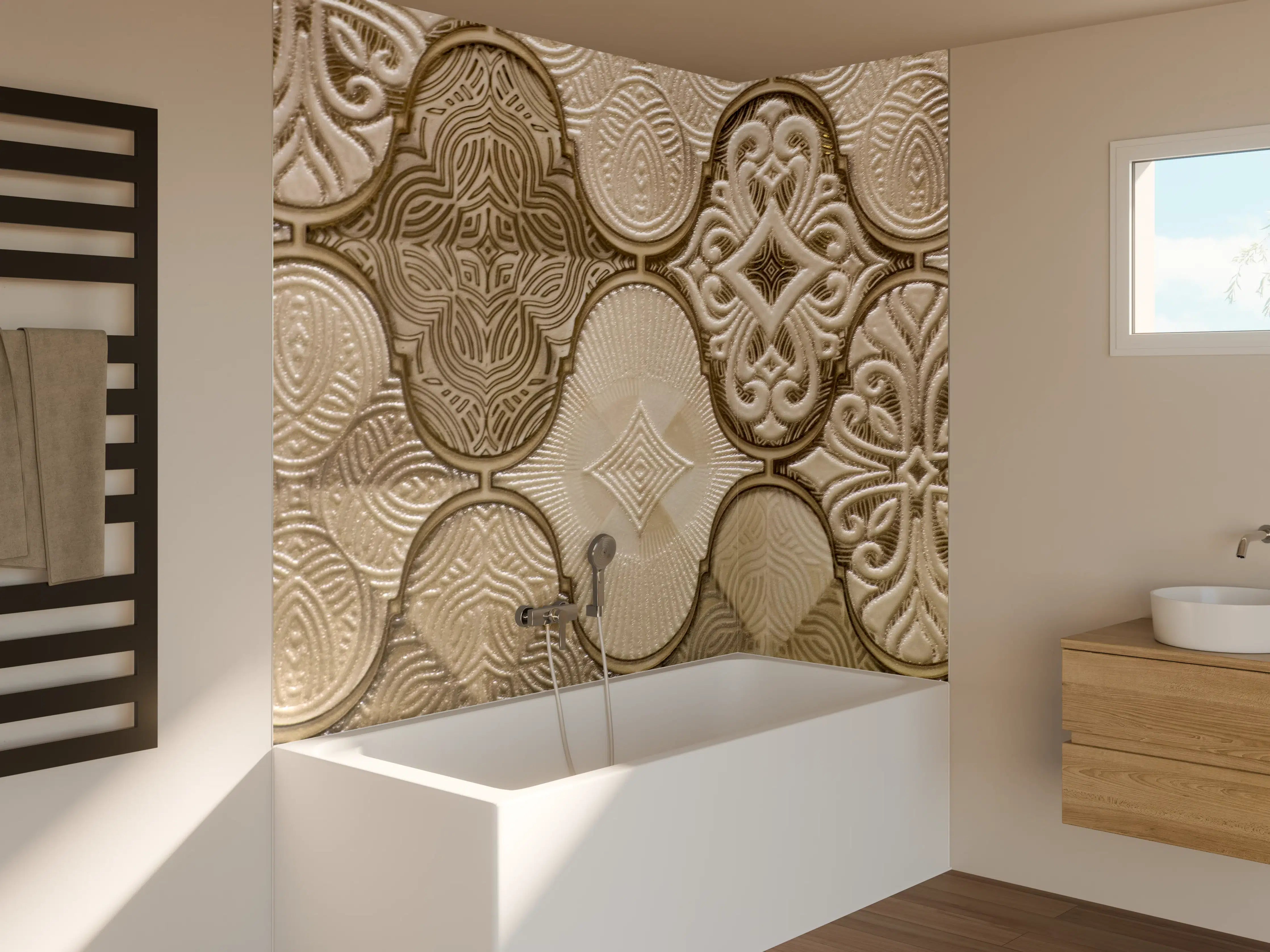 Badewannen-Rückwand - Beige und Goldene Mustertextur mit Ornamenten