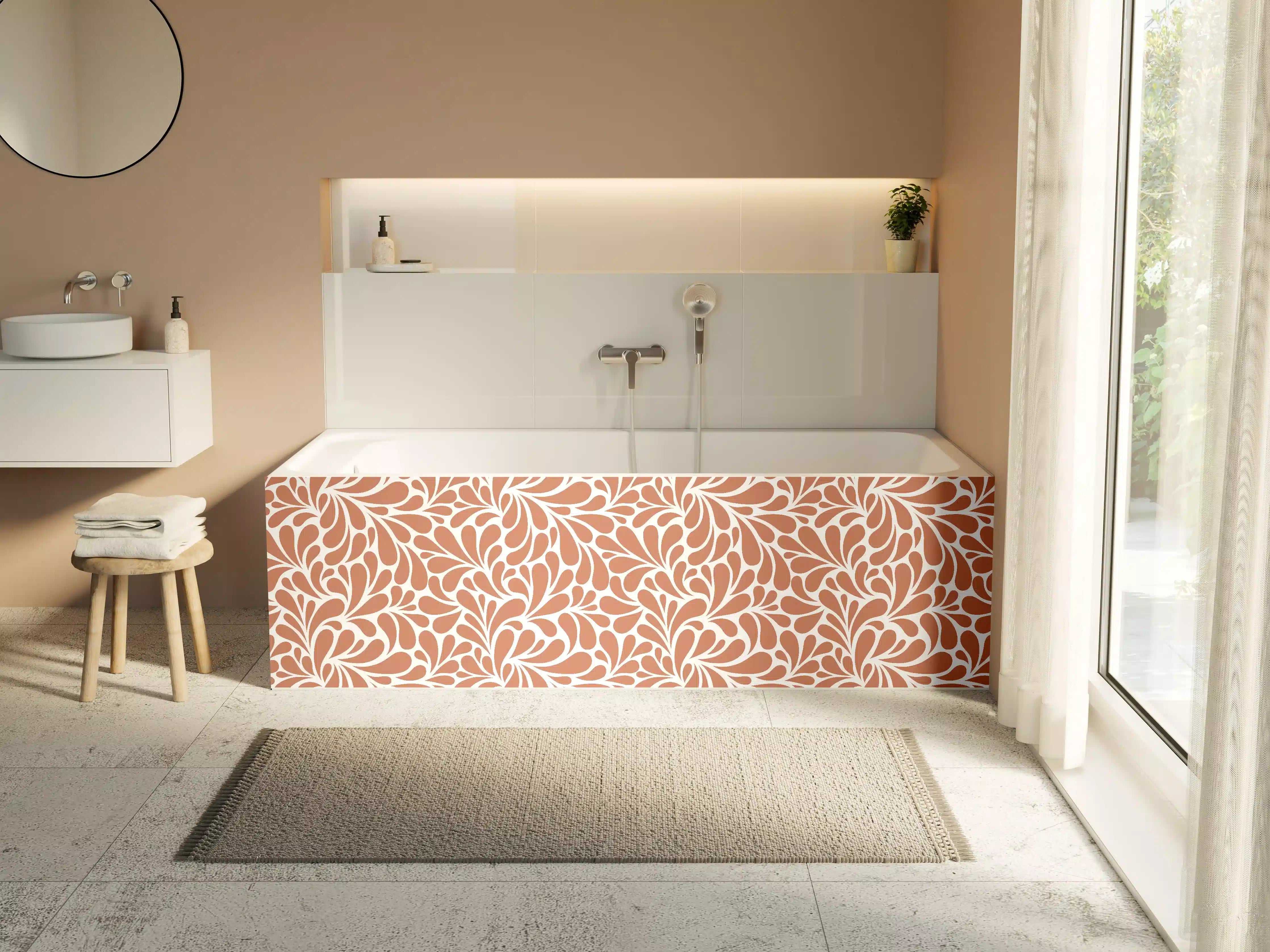 Badewannen-Rückwand - Beige und Weiß Blattmuster