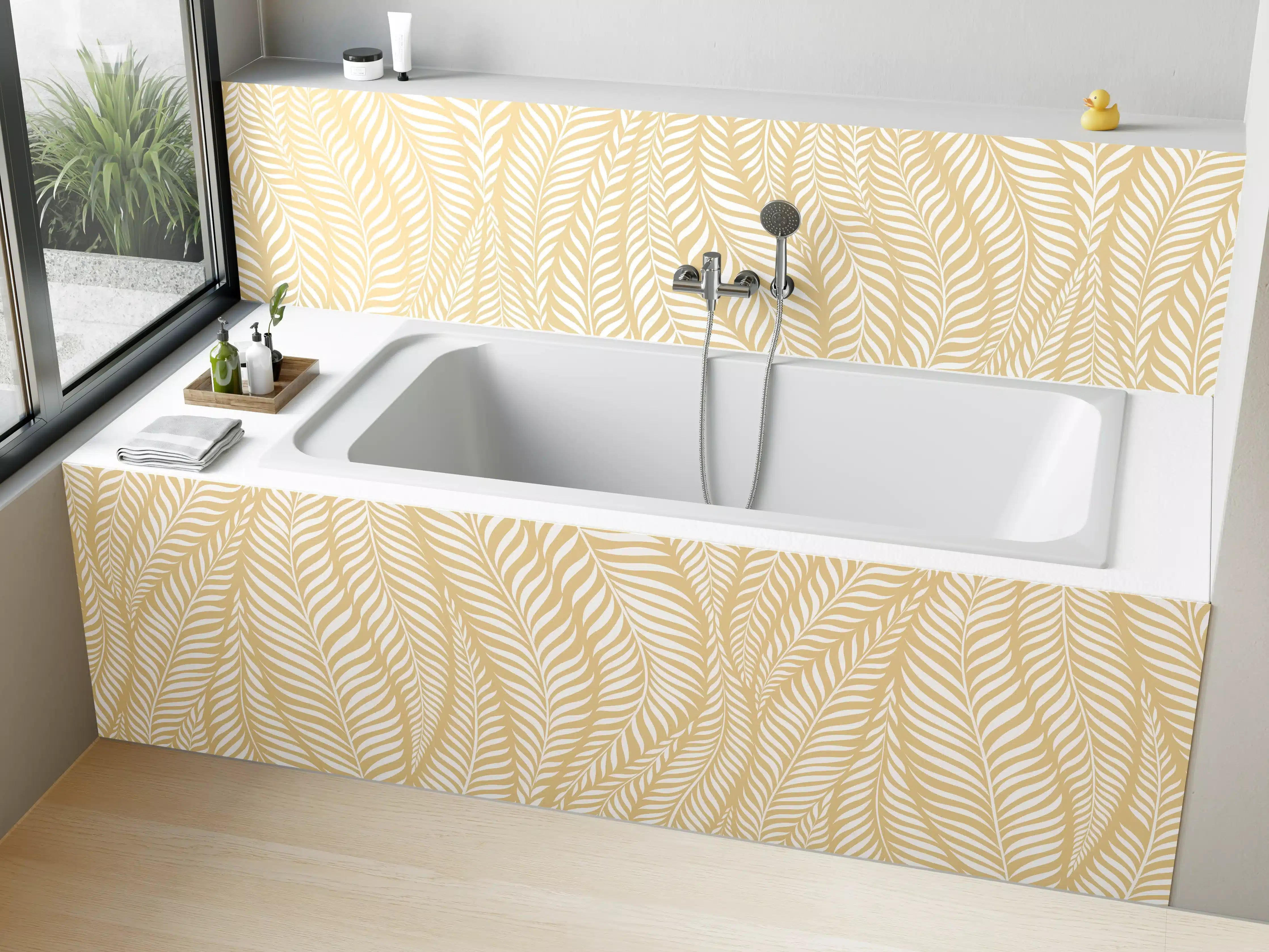 Badewannen-Rückwand - Beige-weiße Blattmuster mit feinem Linienornament
