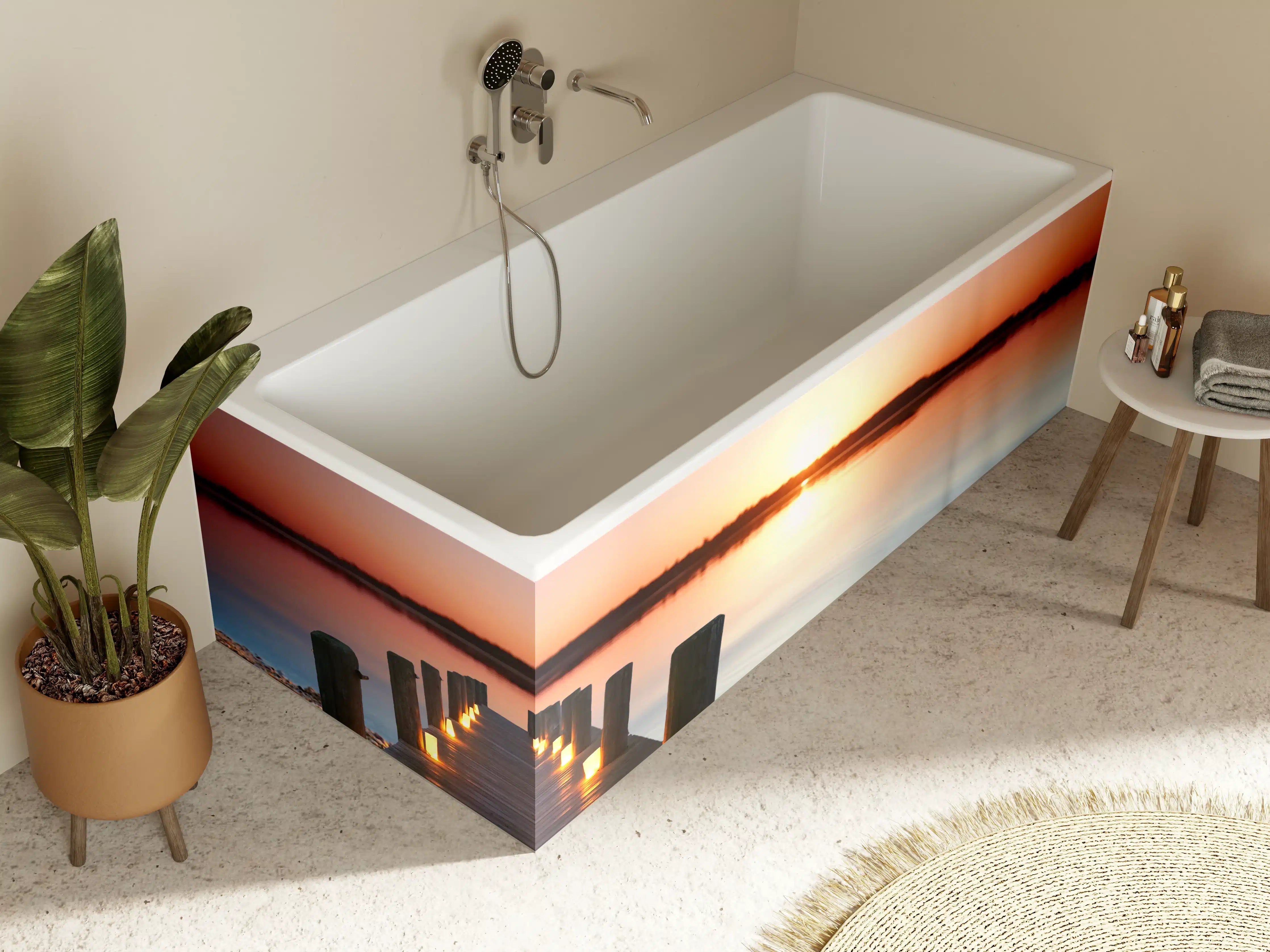 Badewannen-Rückwand - Beleuchteter romantischer Steg am Strand