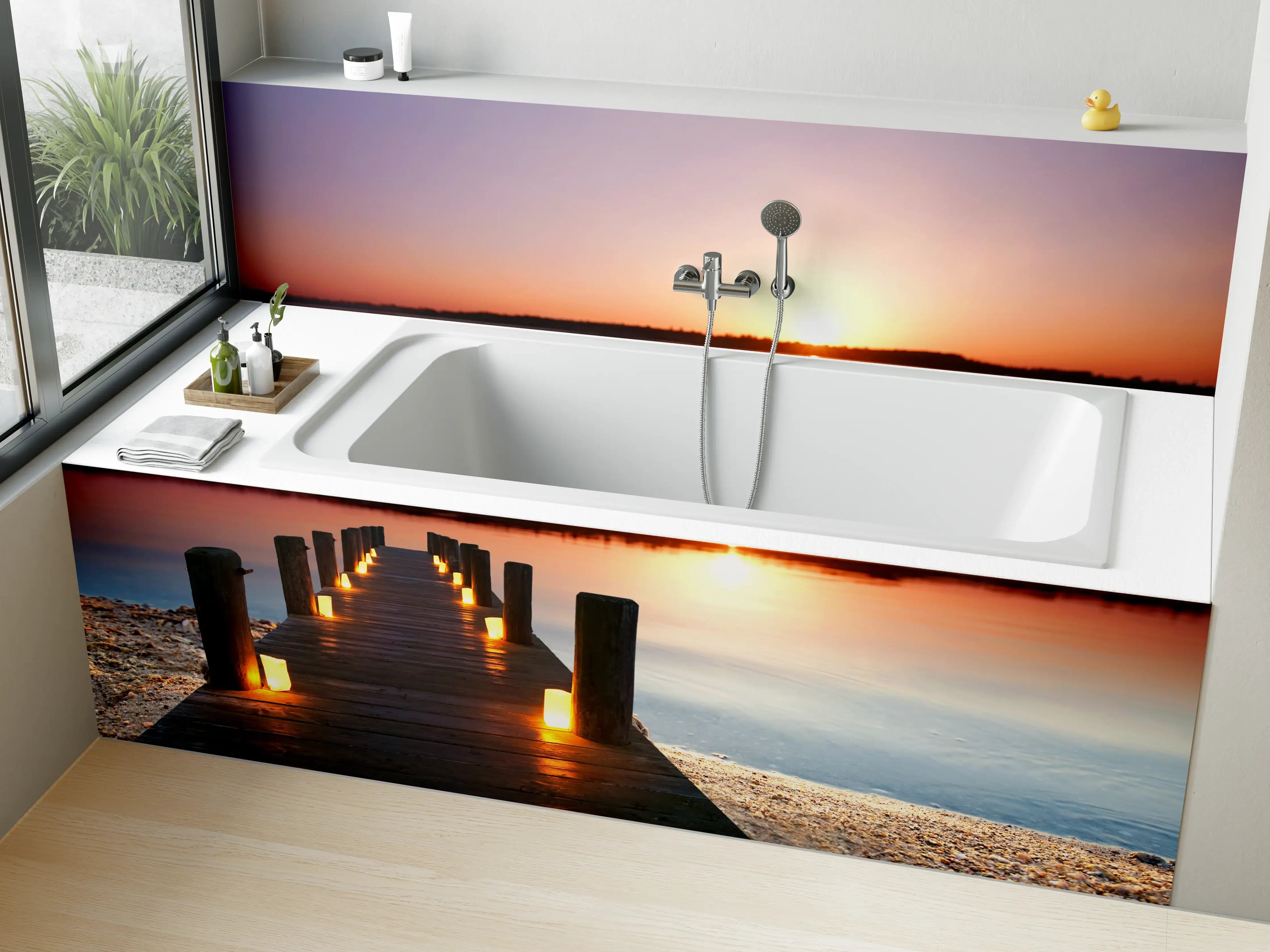 Badewannen-Rückwand - Beleuchteter romantischer Steg am Strand