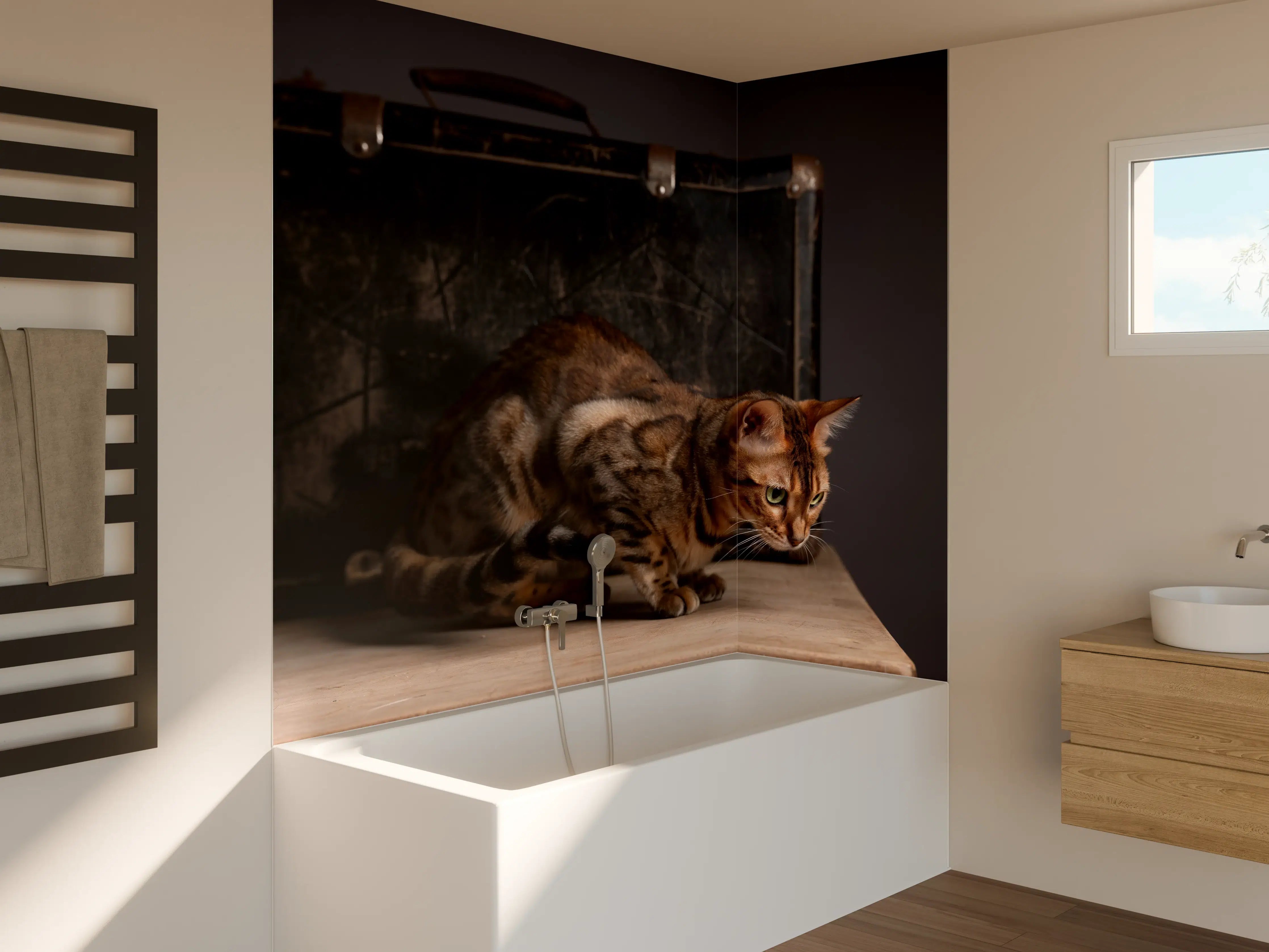 Badewannen-Rückwand - Bengalkatze auf Holztisch