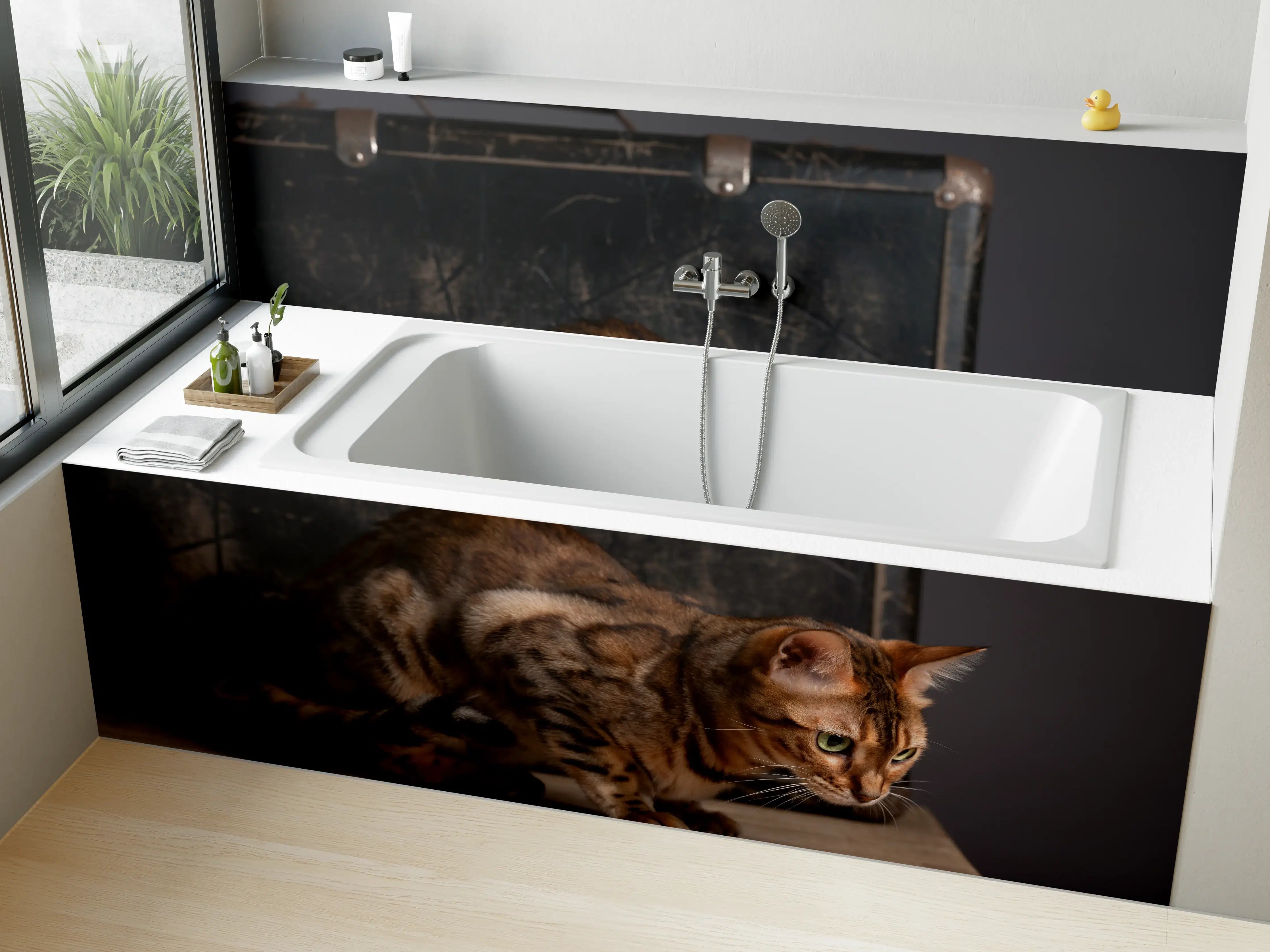 Badewannen-Rückwand - Bengalkatze auf Holztisch