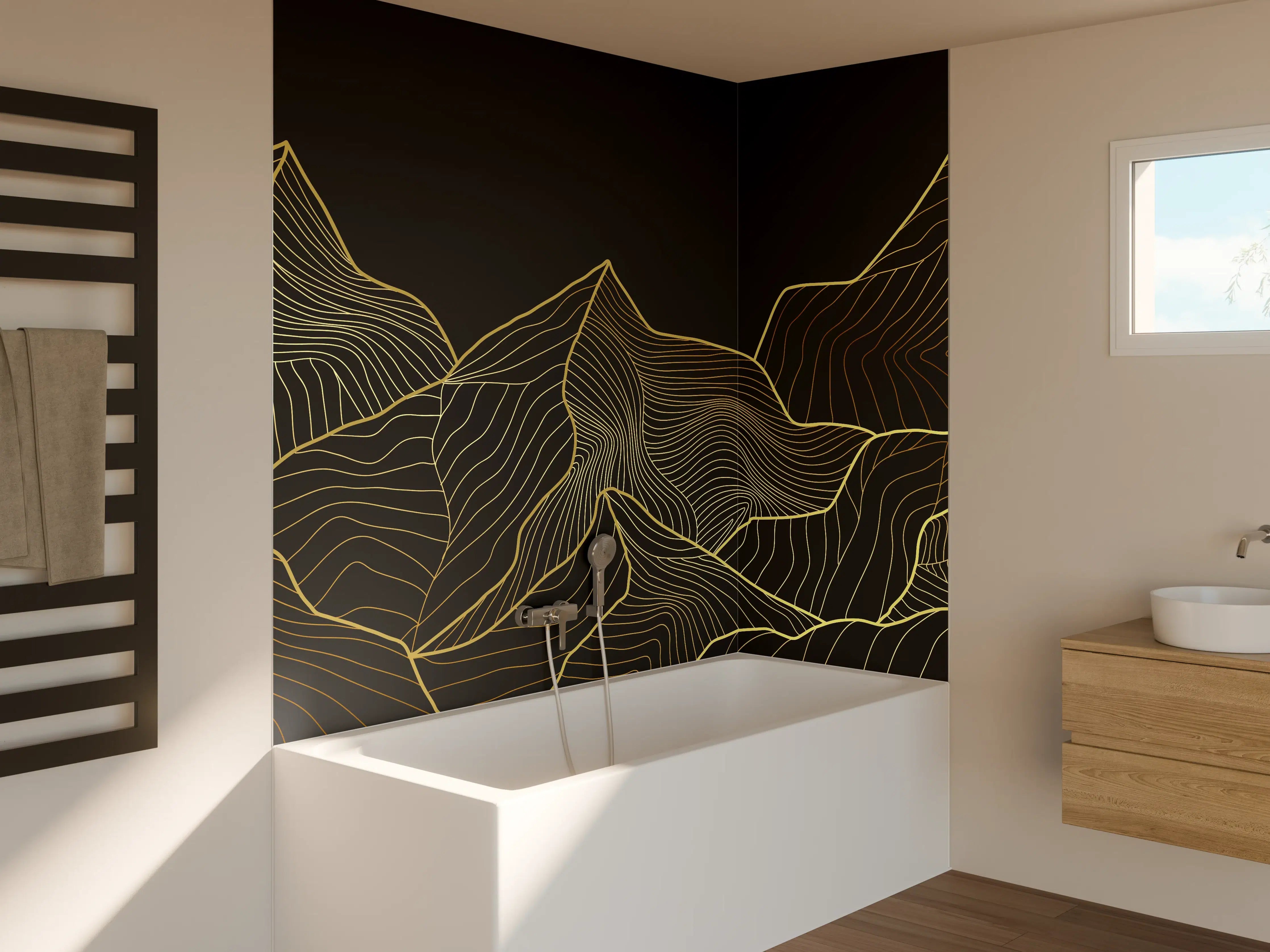 Badewannen-Rückwand - Berglinien Gold Schwarz