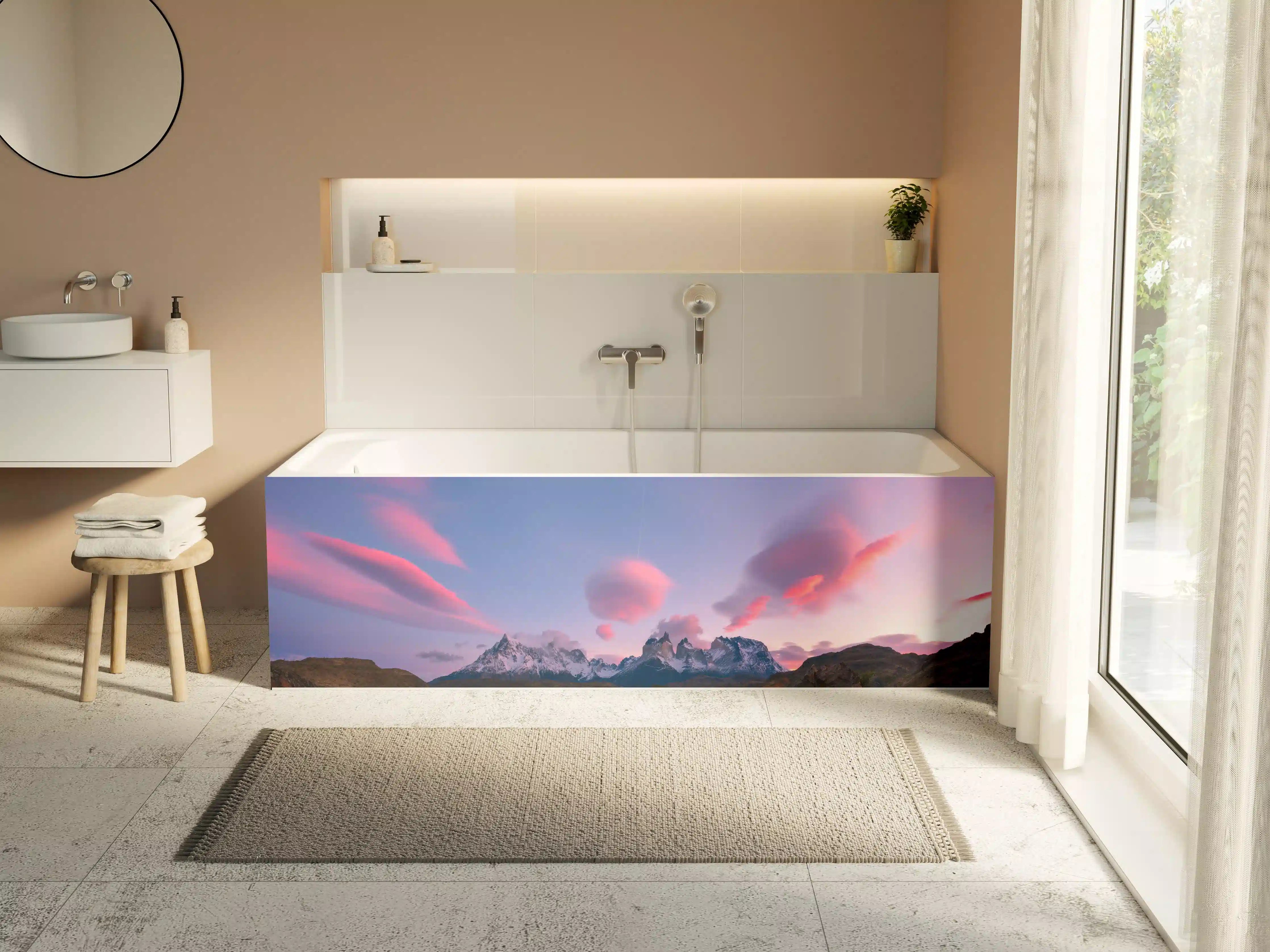 Badewannen-Rückwand - Bergpanorama im rosa Sonnenuntergang